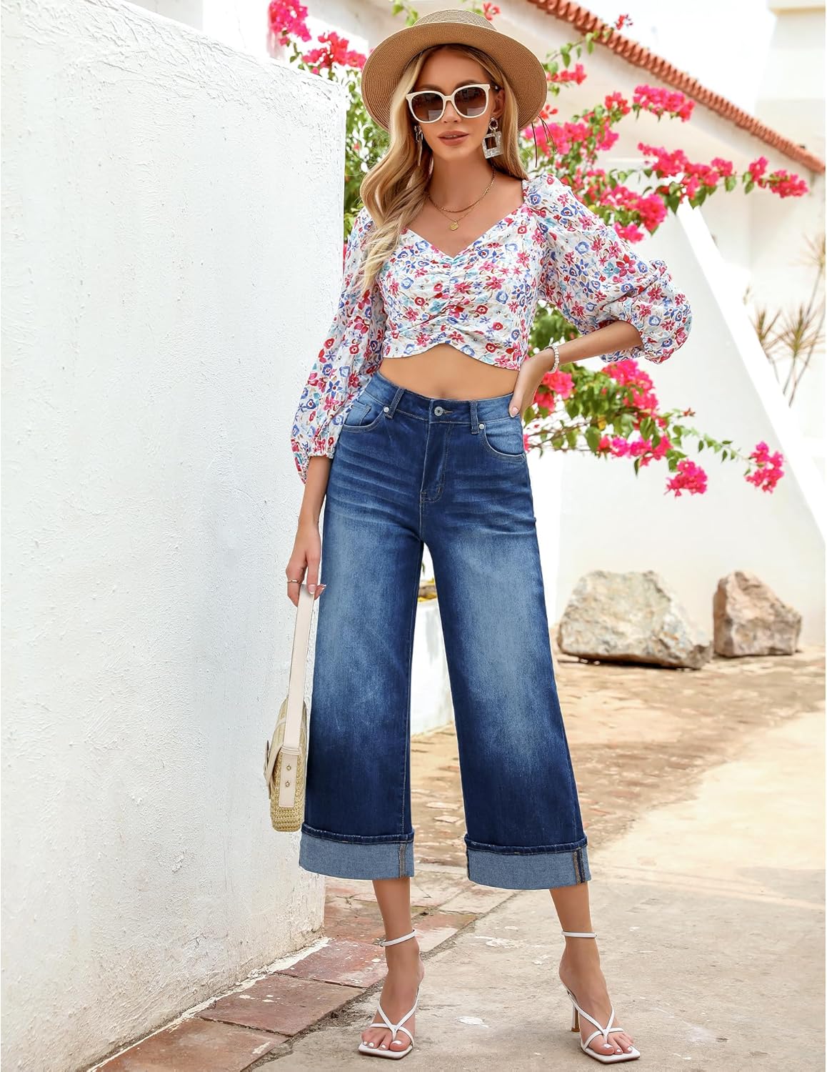 GRAPENT Wide Leg Jeans for Women High Waisted Stretchy Denim Capri Pants Fold Hem Cropped Baggy Capris Jeans with PocketClassic Blue