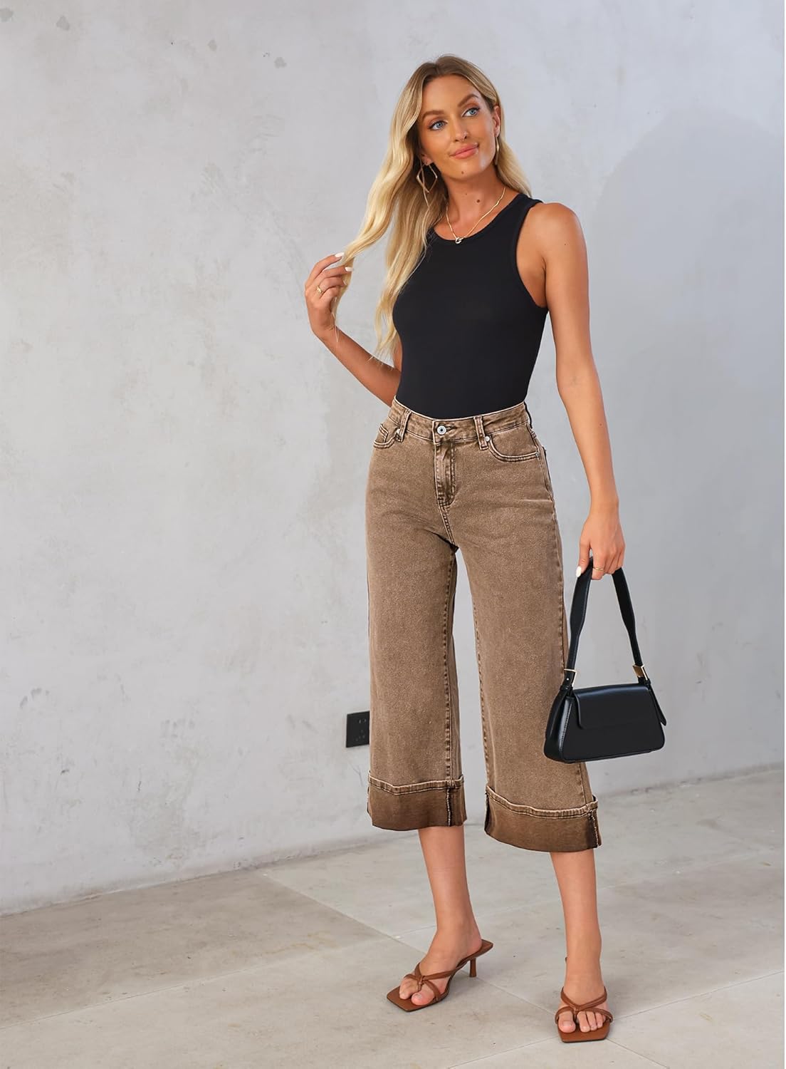 GRAPENT Wide Leg Jeans for Women High Waisted Stretchy Denim Capri Pants Fold Hem Cropped Baggy Capris Jeans with PocketCoca Mocha