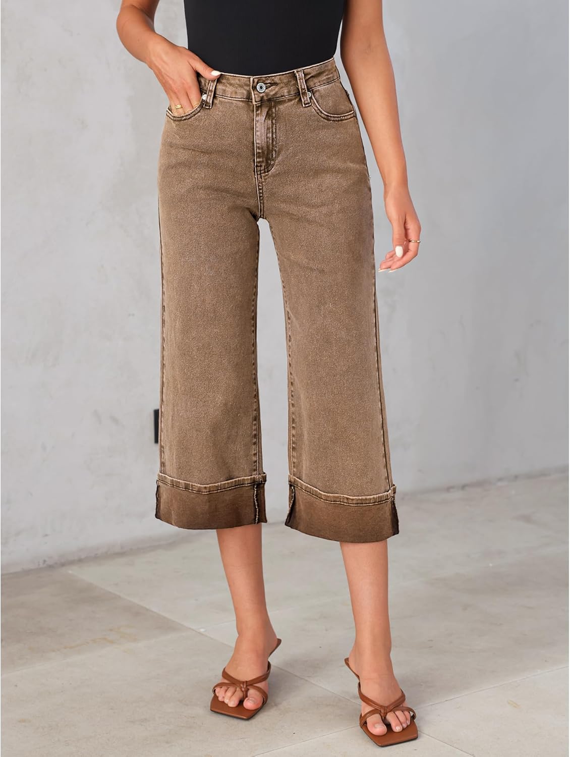 GRAPENT Wide Leg Jeans for Women High Waisted Stretchy Denim Capri Pants Fold Hem Cropped Baggy Capris Jeans with PocketCoca Mocha
