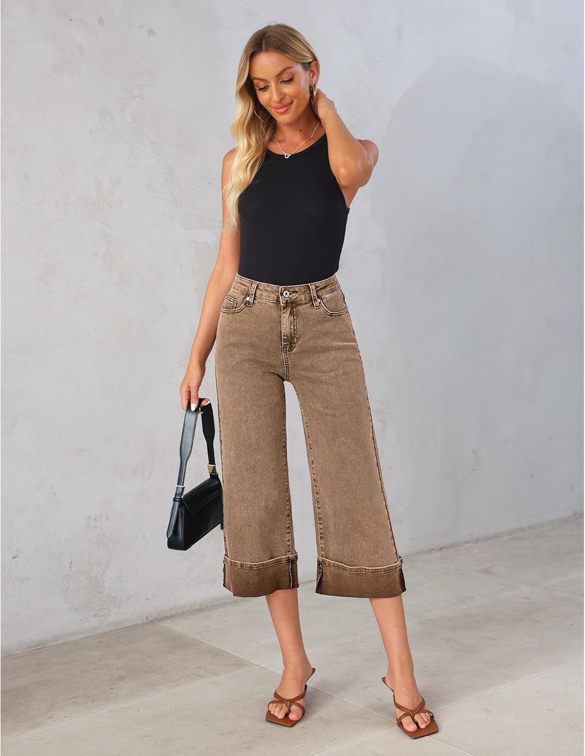 GRAPENT Wide Leg Jeans for Women High Waisted Stretchy Denim Capri Pants Fold Hem Cropped Baggy Capris Jeans with PocketCoca Mocha