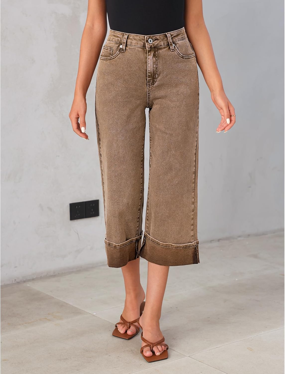GRAPENT Wide Leg Jeans for Women High Waisted Stretchy Denim Capri Pants Fold Hem Cropped Baggy Capris Jeans with PocketCoca Mocha