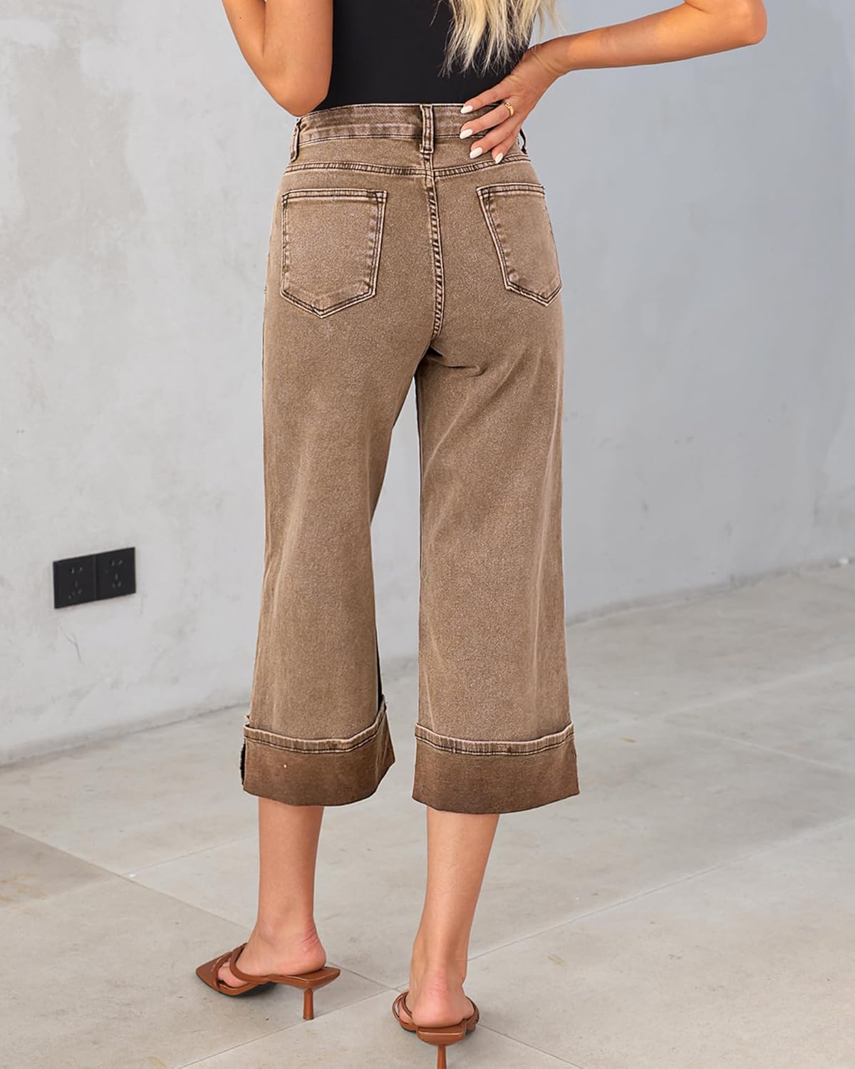 GRAPENT Wide Leg Jeans for Women High Waisted Stretchy Denim Capri Pants Fold Hem Cropped Baggy Capris Jeans with PocketCoca Mocha