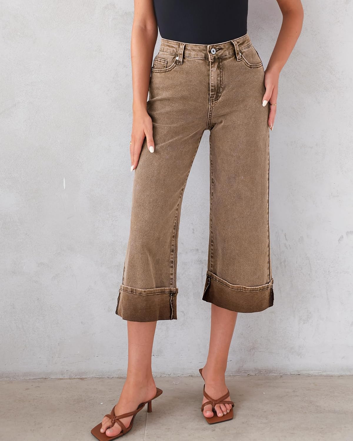 GRAPENT Wide Leg Jeans for Women High Waisted Stretchy Denim Capri Pants Fold Hem Cropped Baggy Capris Jeans with PocketCoca Mocha