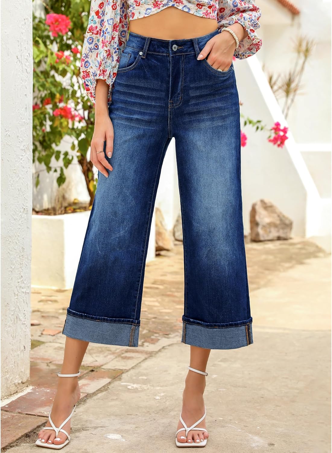 GRAPENT Wide Leg Jeans for Women High Waisted Stretchy Denim Capri Pants Fold Hem Cropped Baggy Capris Jeans with PocketDark Blue