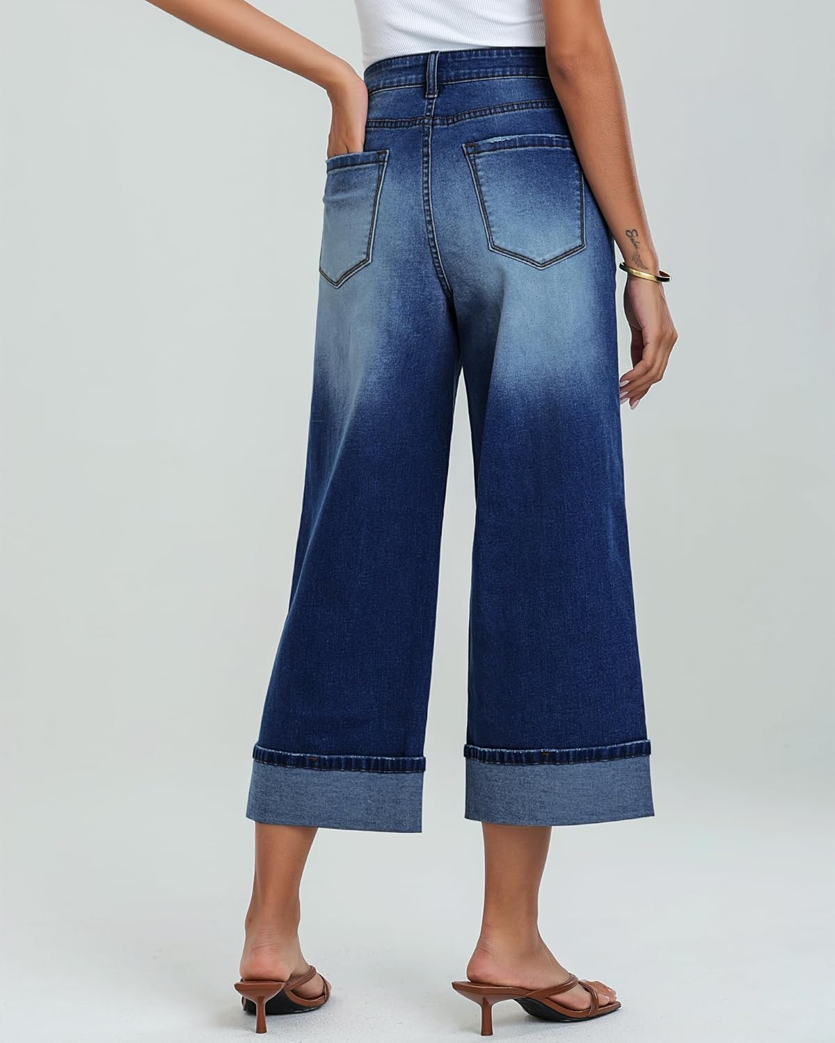 GRAPENT Wide Leg Jeans for Women High Waisted Stretchy Denim Capri Pants Fold Hem Cropped Baggy Capris Jeans with PocketDark Blue