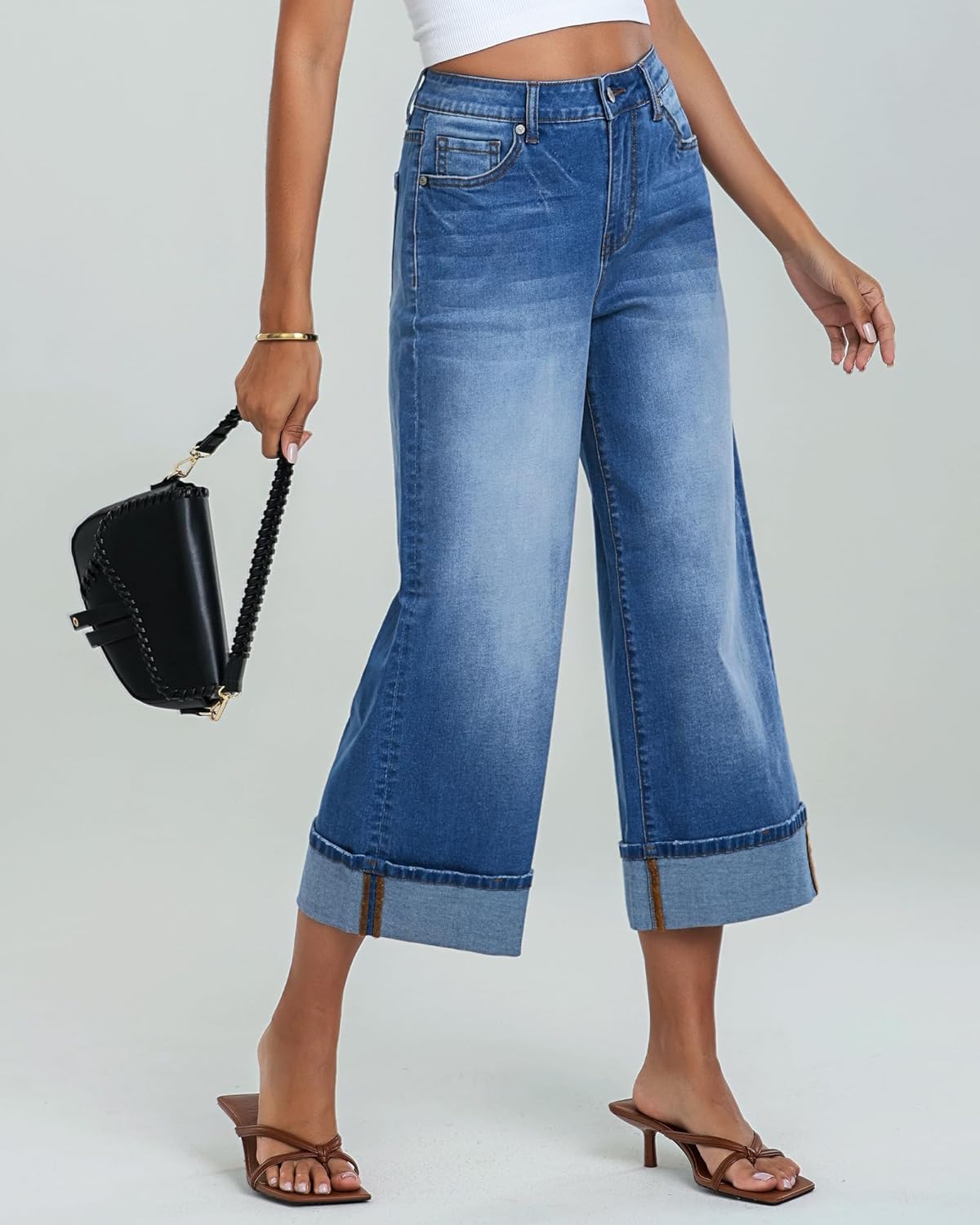 GRAPENT Wide Leg Jeans for Women High Waisted Stretchy Denim Capri Pants Fold Hem Cropped Baggy Capris Jeans with PocketMedium Blue