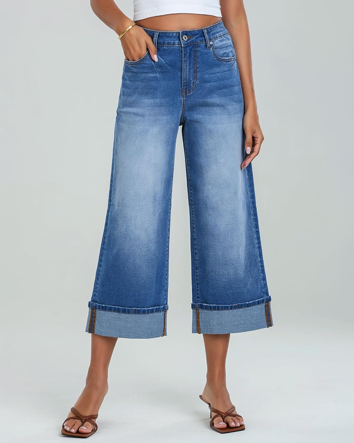 GRAPENT Wide Leg Jeans for Women High Waisted Stretchy Denim Capri Pants Fold Hem Cropped Baggy Capris Jeans with PocketMedium Blue
