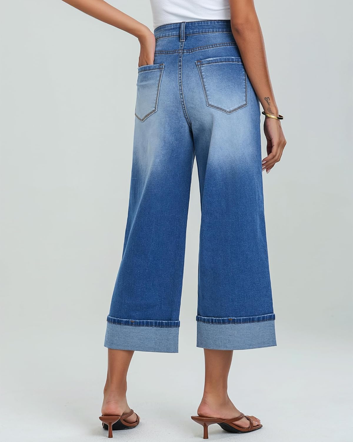 GRAPENT Wide Leg Jeans for Women High Waisted Stretchy Denim Capri Pants Fold Hem Cropped Baggy Capris Jeans with PocketMedium Blue