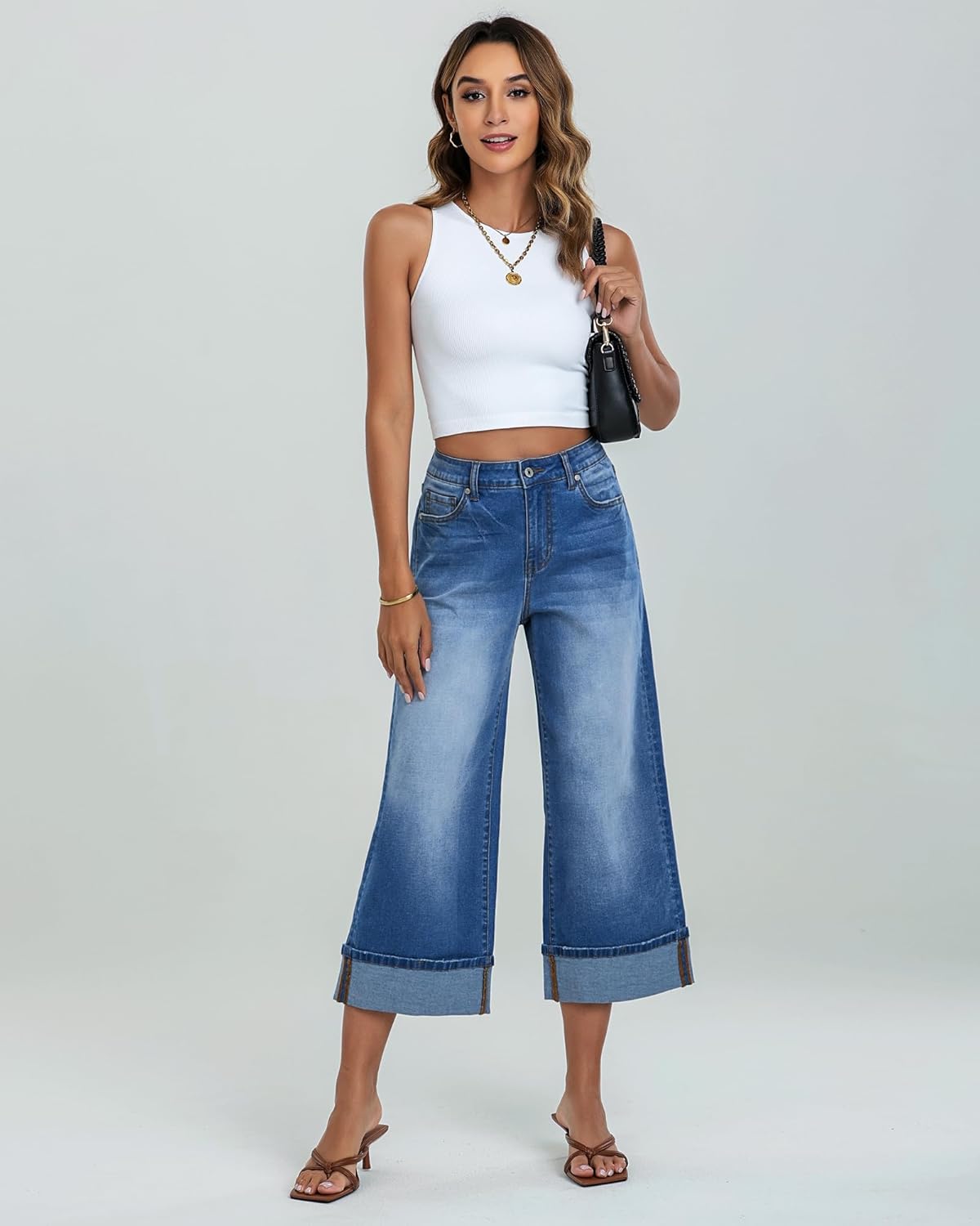 GRAPENT Wide Leg Jeans for Women High Waisted Stretchy Denim Capri Pants Fold Hem Cropped Baggy Capris Jeans with PocketMedium Blue