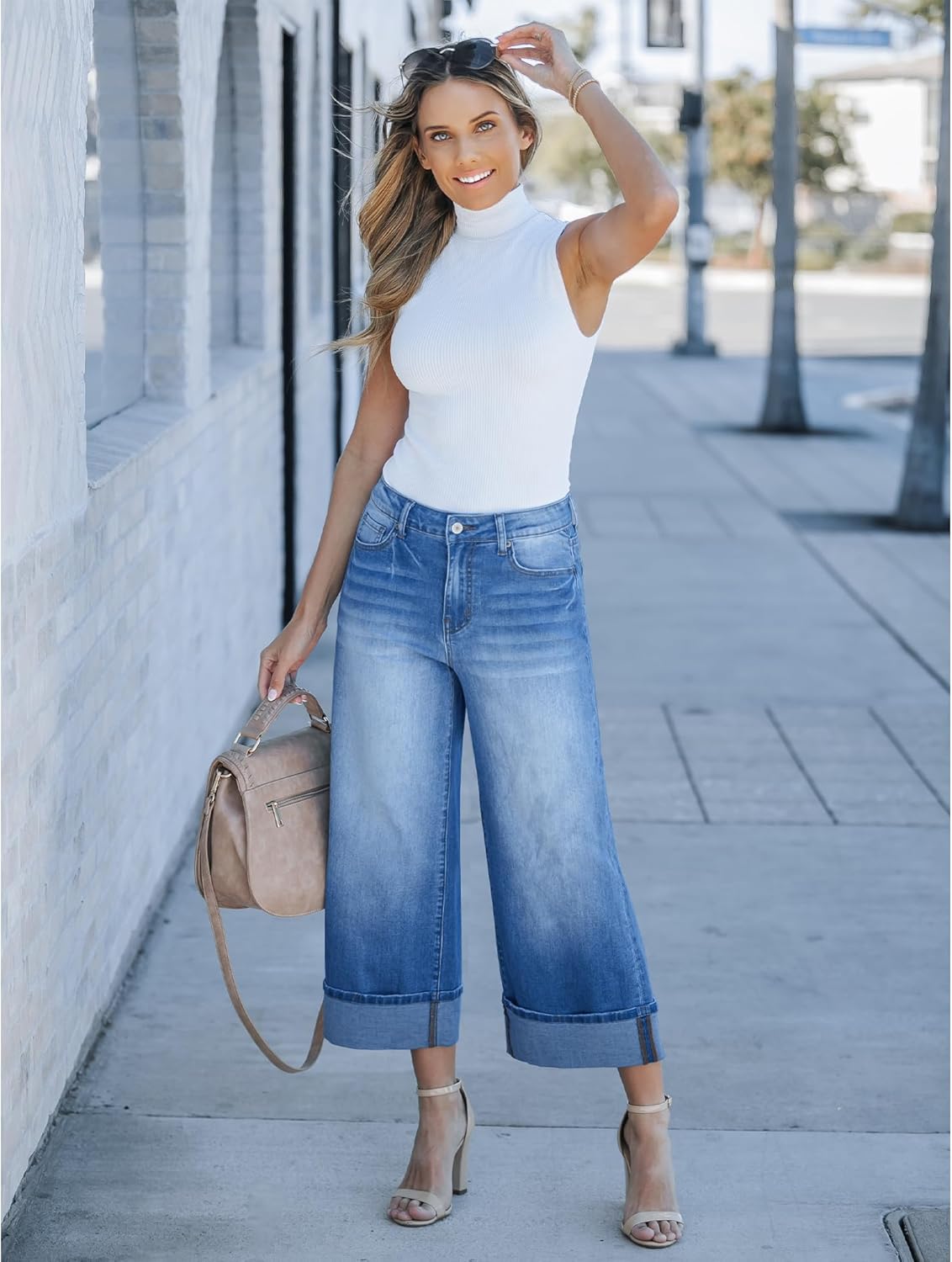 GRAPENT Wide Leg Jeans for Women High Waisted Stretchy Denim Capri Pants Fold Hem Cropped Baggy Capris Jeans with PocketMedium Blue