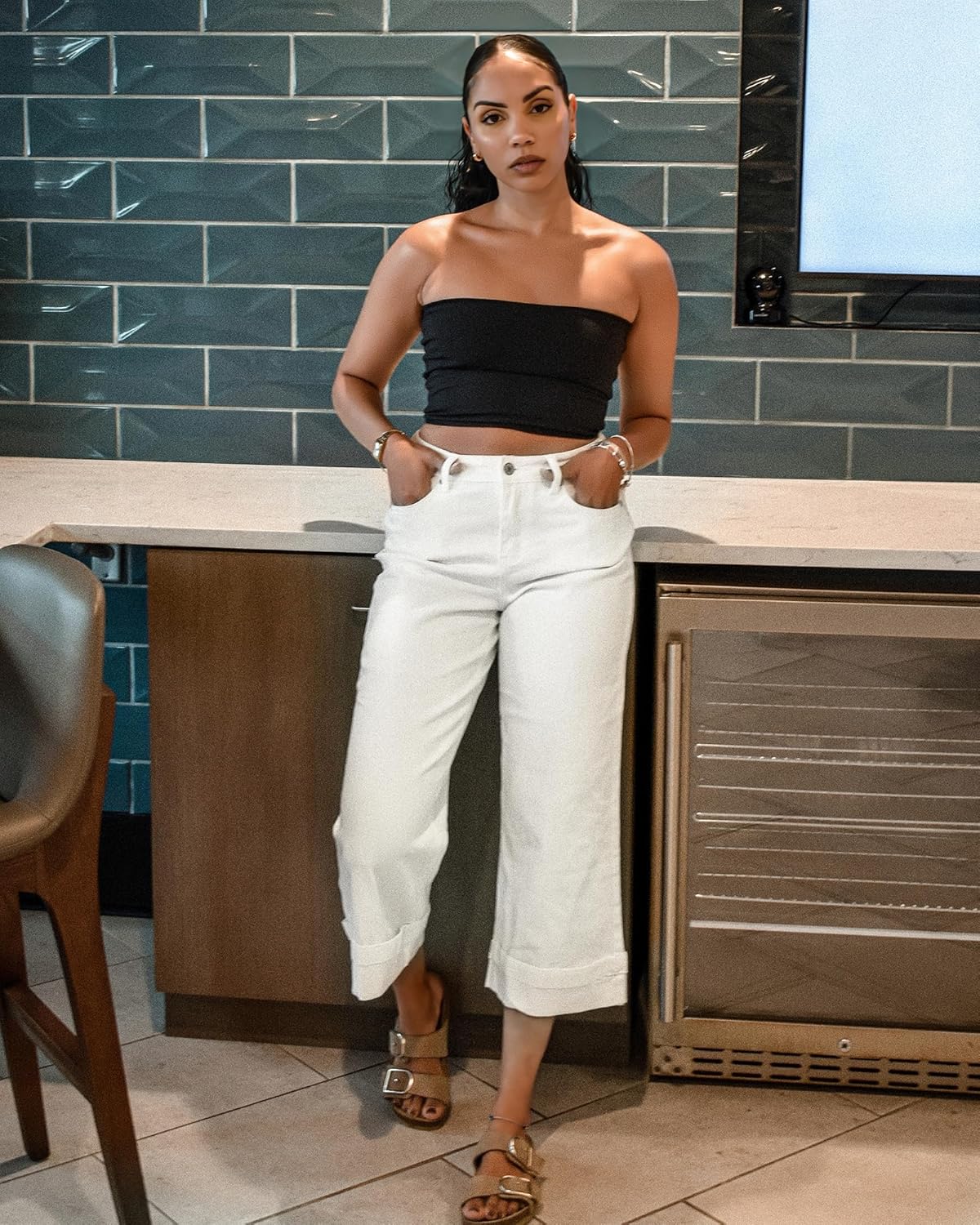 GRAPENT Wide Leg Jeans for Women High Waisted Stretchy Denim Capri Pants Fold Hem Cropped Baggy Capris Jeans with PocketOffwhite