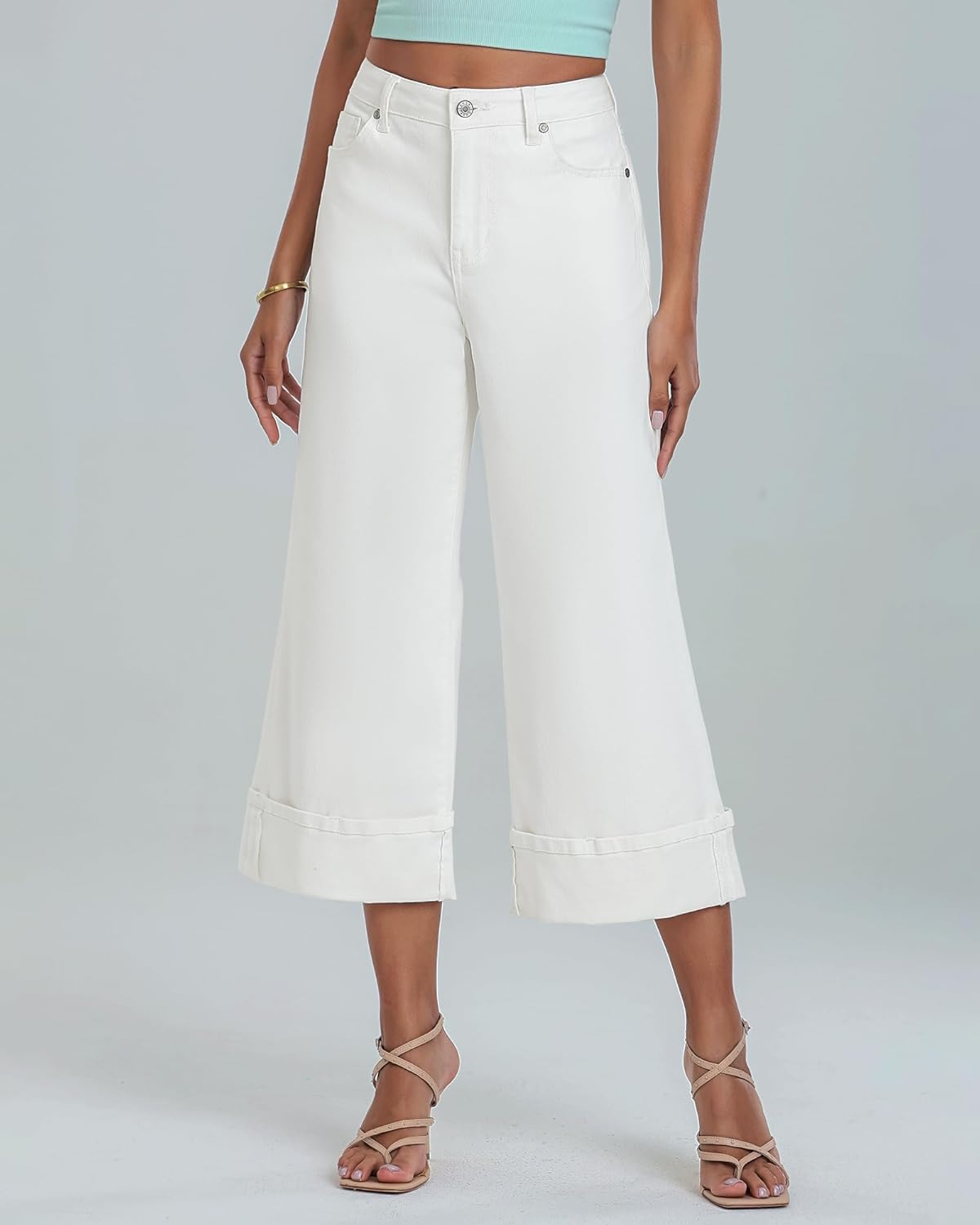 GRAPENT Wide Leg Jeans for Women High Waisted Stretchy Denim Capri Pants Fold Hem Cropped Baggy Capris Jeans with PocketOffwhite