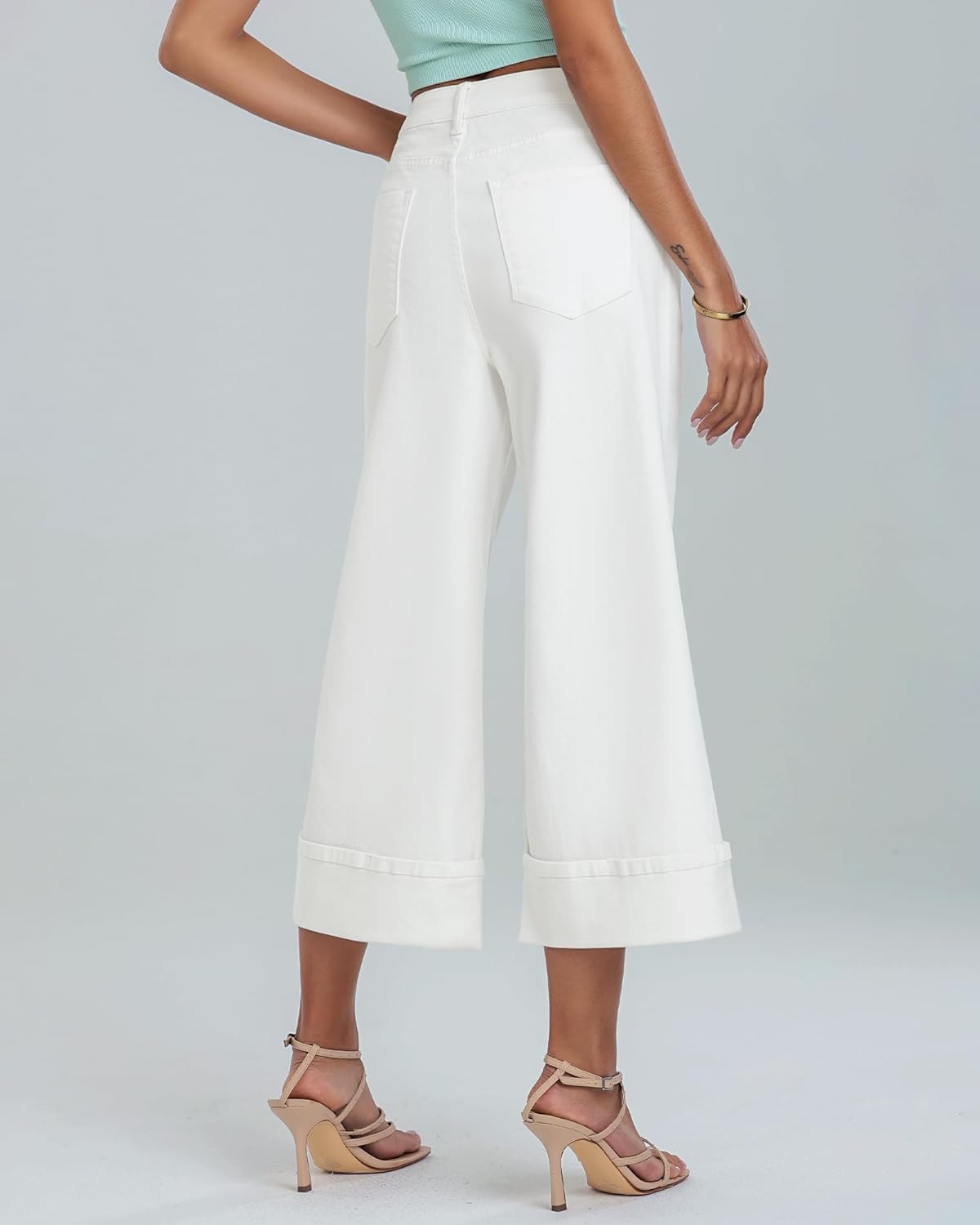 GRAPENT Wide Leg Jeans for Women High Waisted Stretchy Denim Capri Pants Fold Hem Cropped Baggy Capris Jeans with PocketOffwhite