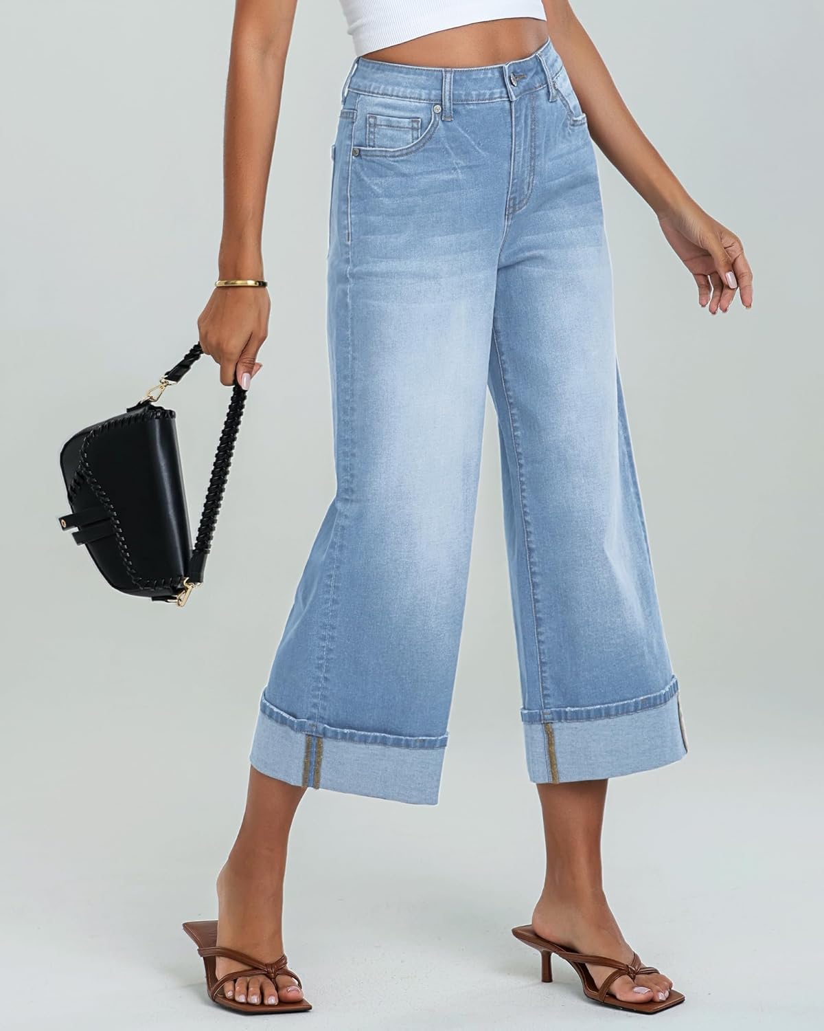 GRAPENT Wide Leg Jeans for Women High Waisted Stretchy Denim Capri Pants Fold Hem Cropped Baggy Capris Jeans with PocketRoadnight Blue