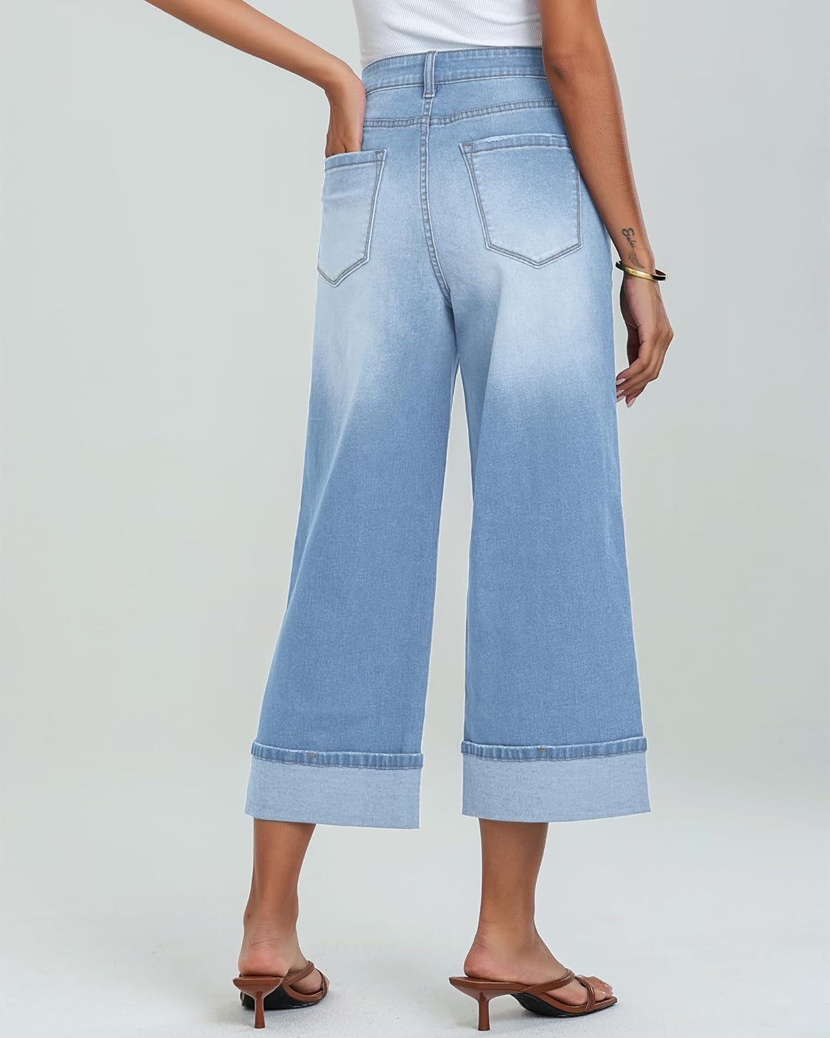 GRAPENT Wide Leg Jeans for Women High Waisted Stretchy Denim Capri Pants Fold Hem Cropped Baggy Capris Jeans with PocketRoadnight Blue