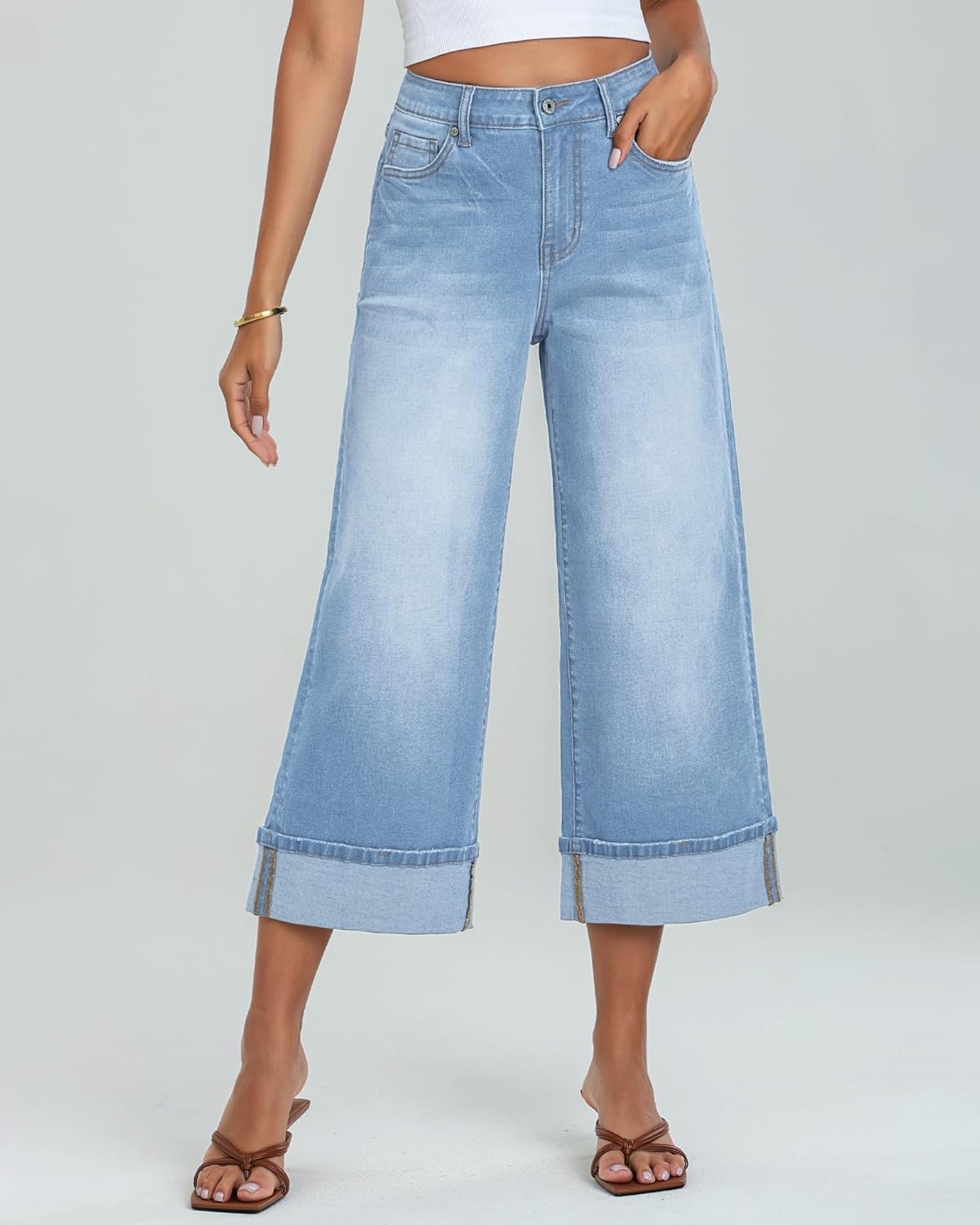 GRAPENT Wide Leg Jeans for Women High Waisted Stretchy Denim Capri Pants Fold Hem Cropped Baggy Capris Jeans with PocketRoadnight Blue