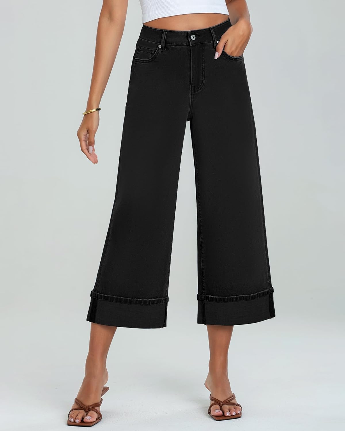 GRAPENT Wide Leg Jeans for Women High Waisted Stretchy Denim Capri Pants Fold Hem Cropped Baggy Capris Jeans with PocketTrue Black