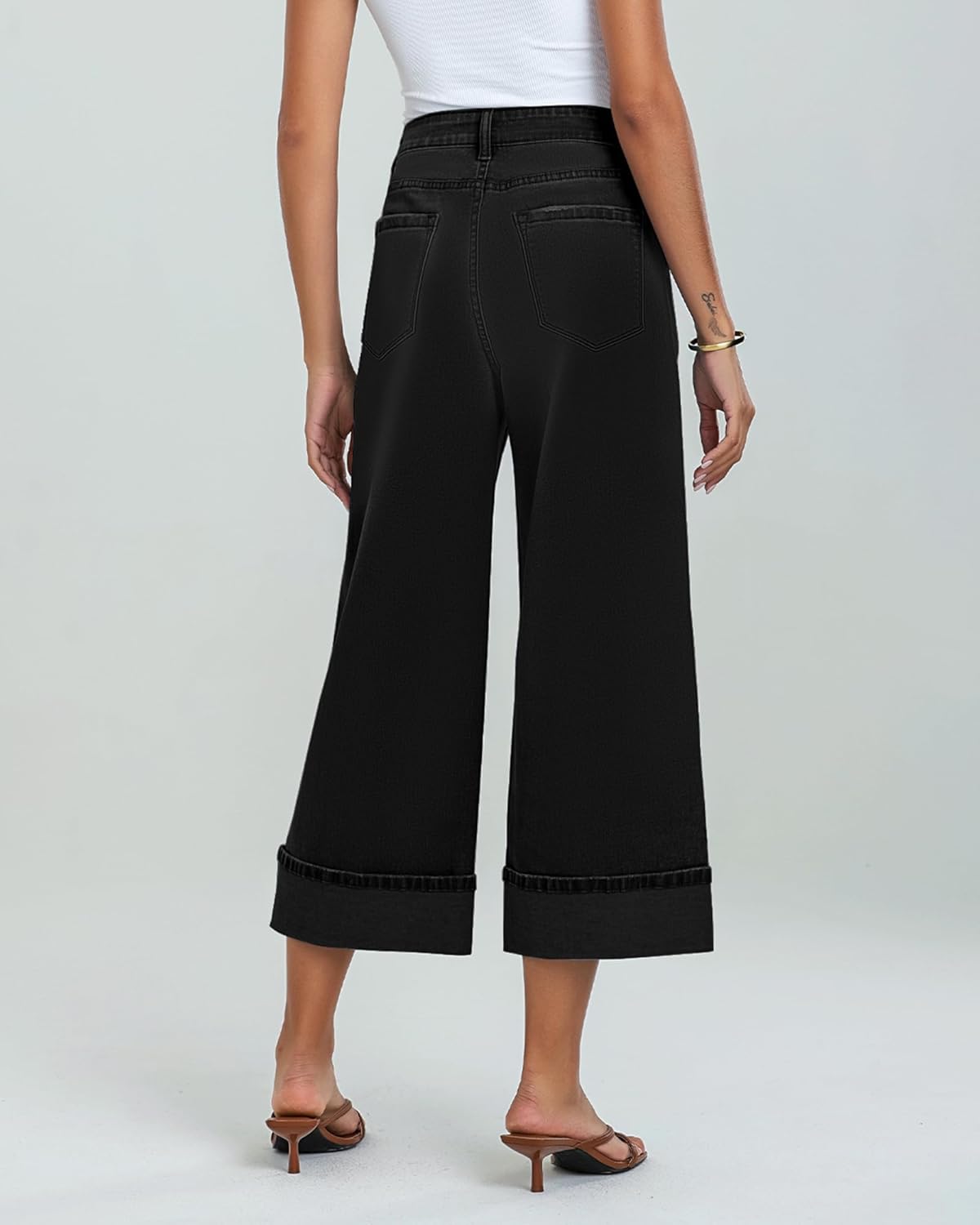 GRAPENT Wide Leg Jeans for Women High Waisted Stretchy Denim Capri Pants Fold Hem Cropped Baggy Capris Jeans with PocketTrue Black