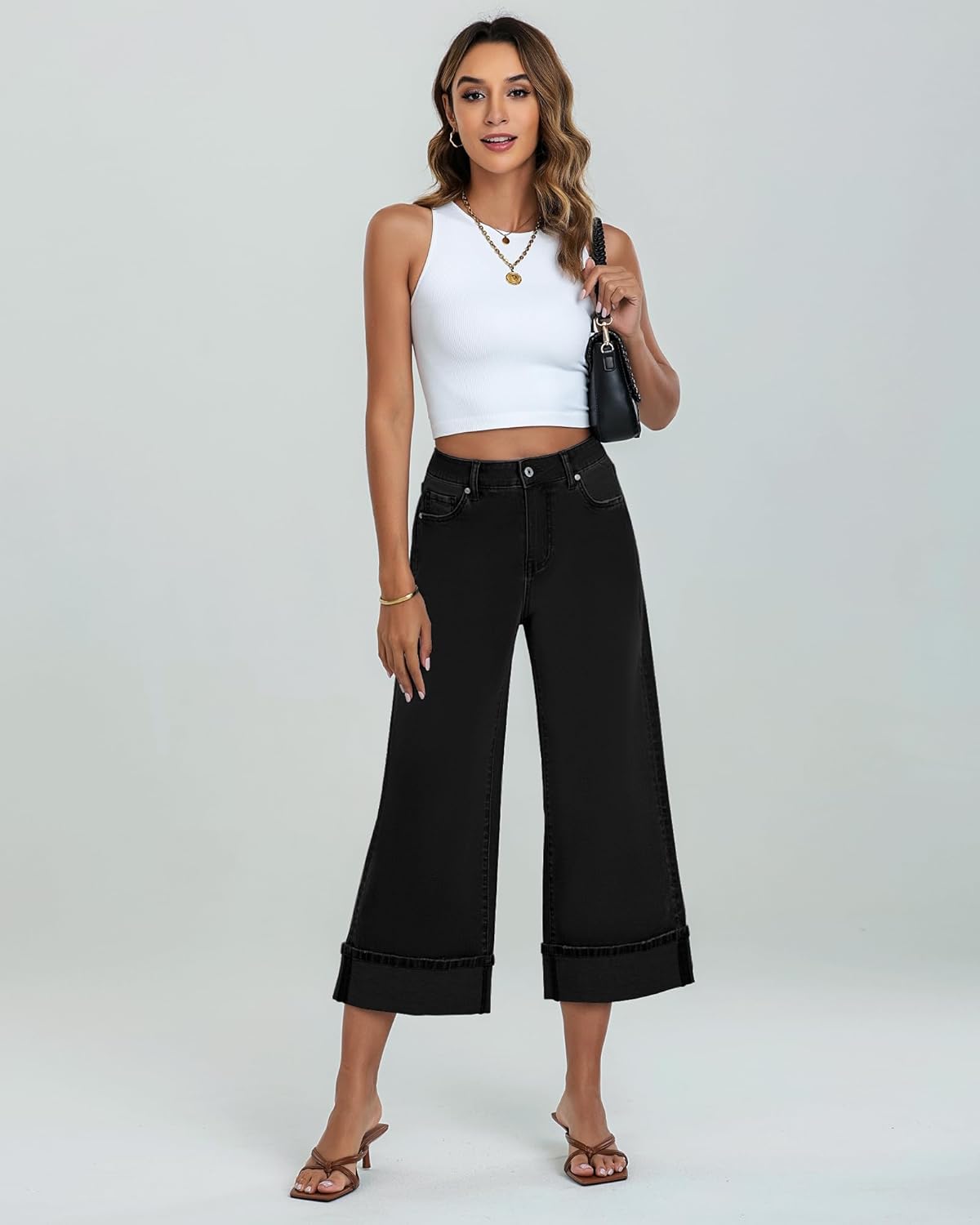 GRAPENT Wide Leg Jeans for Women High Waisted Stretchy Denim Capri Pants Fold Hem Cropped Baggy Capris Jeans with PocketTrue Black