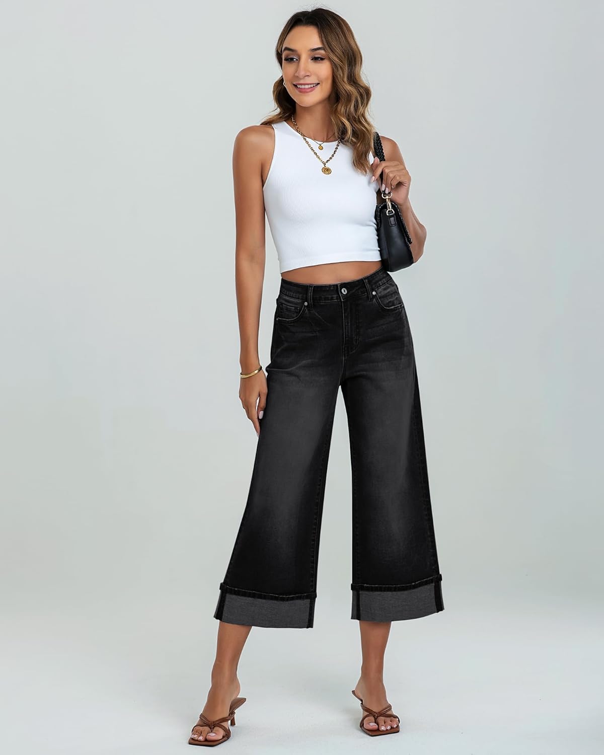 GRAPENT Wide Leg Jeans for Women High Waisted Stretchy Denim Capri Pants Fold Hem Cropped Baggy Capris Jeans with PocketWashed Black