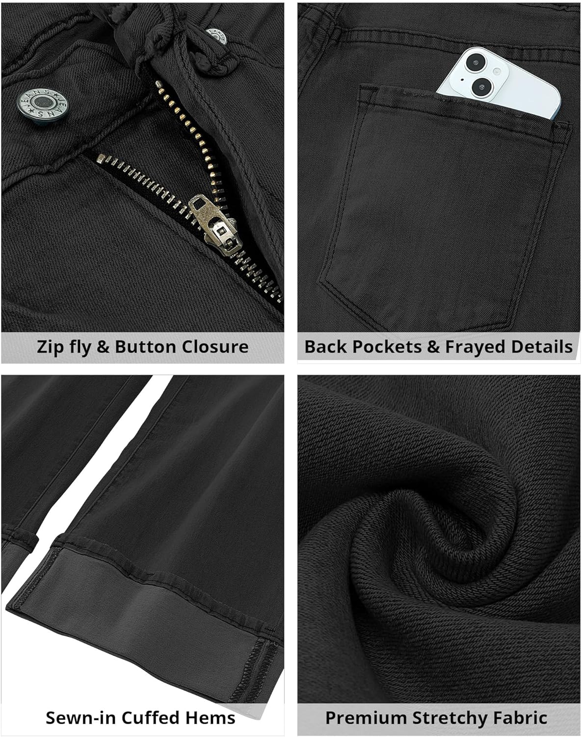 GRAPENT Wide Leg Jeans for Women High Waisted Stretchy Denim Capri Pants Fold Hem Cropped Baggy Capris Jeans with PocketWashed Black