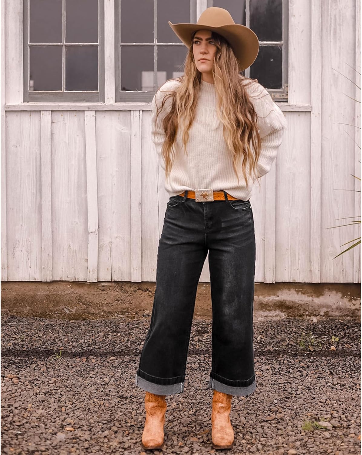 GRAPENT Wide Leg Jeans for Women High Waisted Stretchy Denim Capri Pants Fold Hem Cropped Baggy Capris Jeans with PocketWashed Black