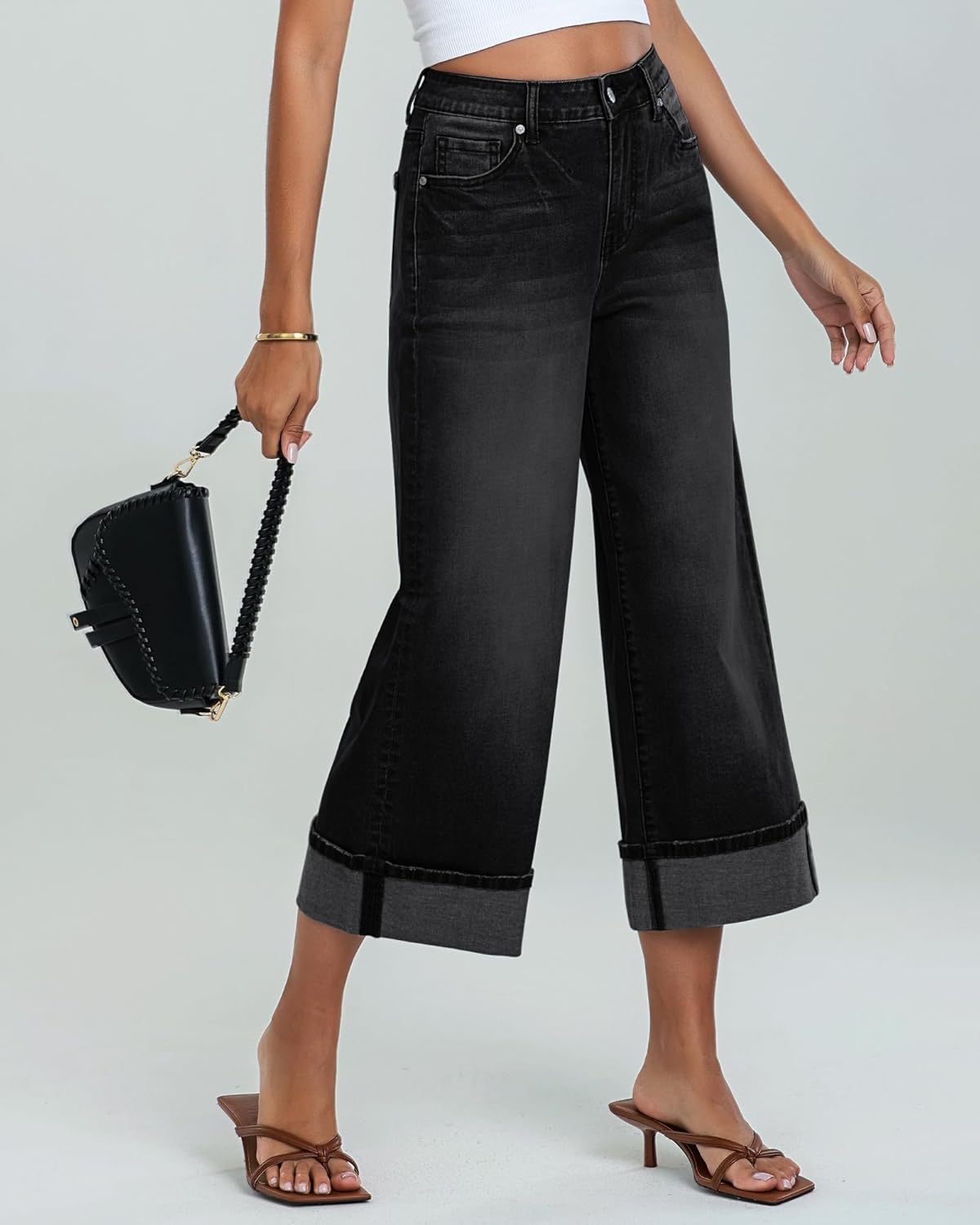 GRAPENT Wide Leg Jeans for Women High Waisted Stretchy Denim Capri Pants Fold Hem Cropped Baggy Capris Jeans with PocketWashed Black