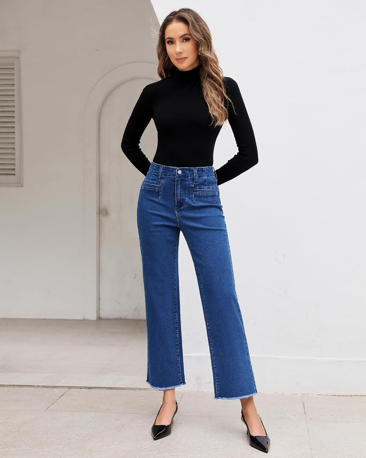 GRAPENT Wide Leg Jeans for Women High Waisted Trendy Jeans Denim Pants Stretchy Baggy with PocketsClassic Blue