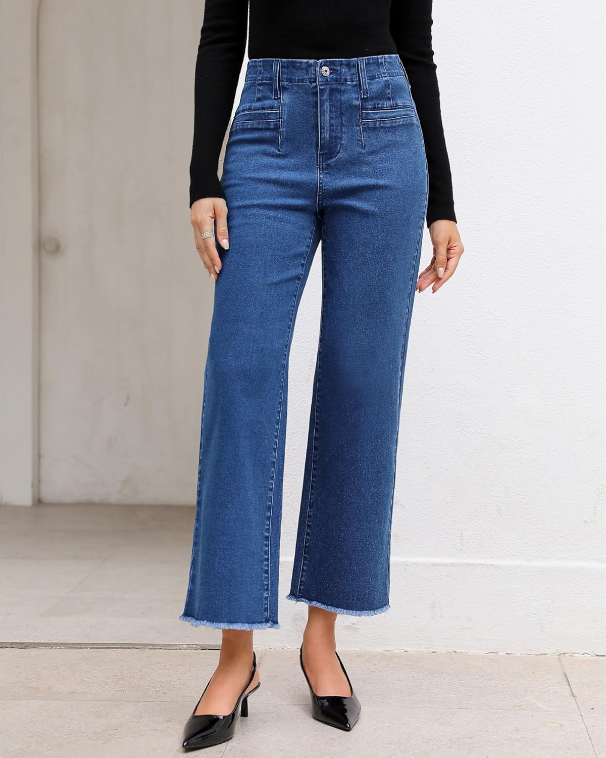 GRAPENT Wide Leg Jeans for Women High Waisted Trendy Jeans Denim Pants Stretchy Baggy with PocketsClassic Blue