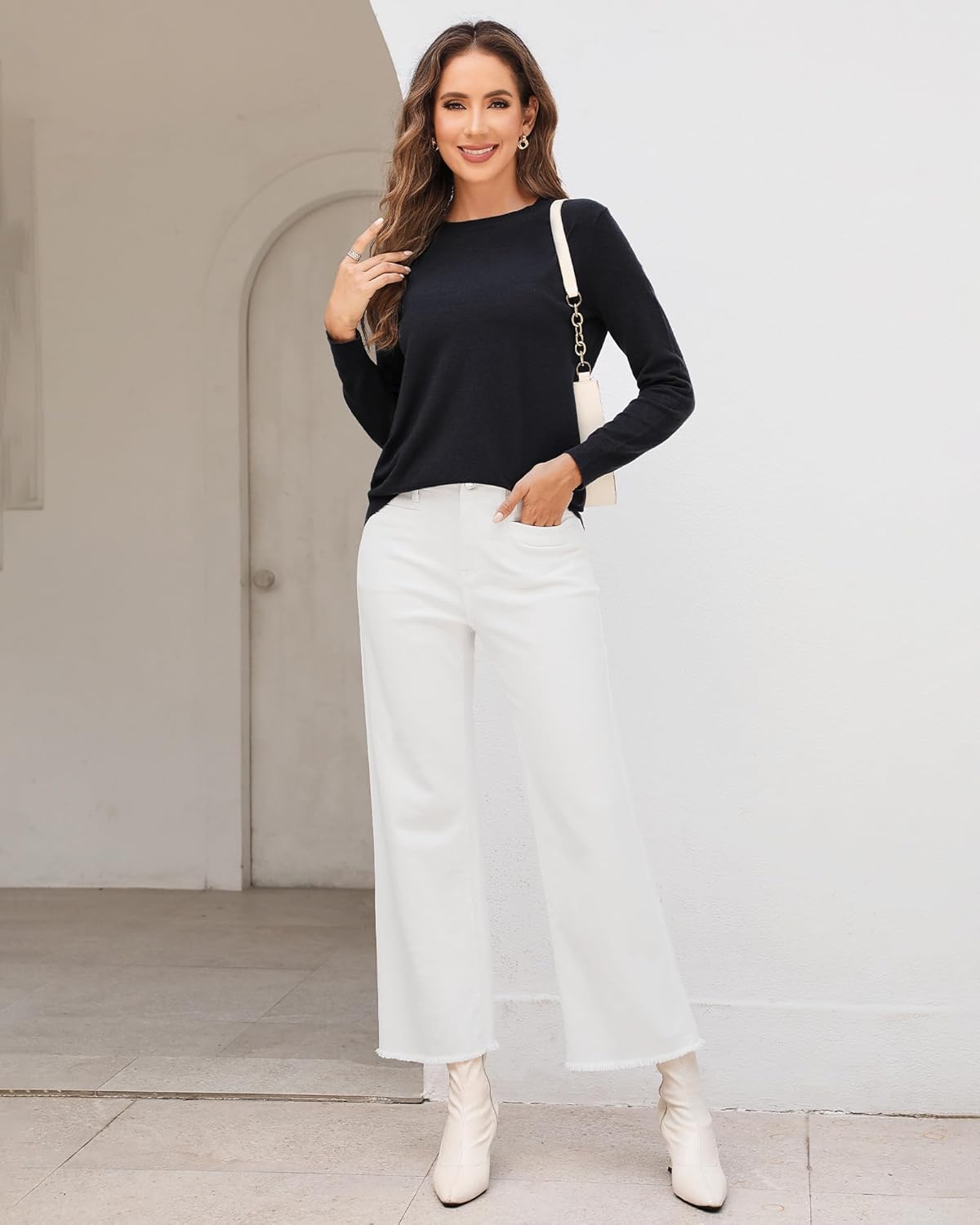 GRAPENT Wide Leg Jeans for Women High Waisted Trendy Jeans Denim Pants Stretchy Baggy with PocketsCream White