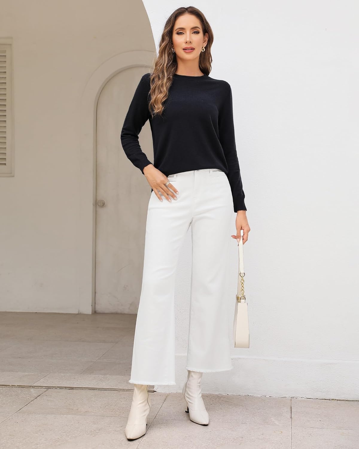 GRAPENT Wide Leg Jeans for Women High Waisted Trendy Jeans Denim Pants Stretchy Baggy with PocketsCream White