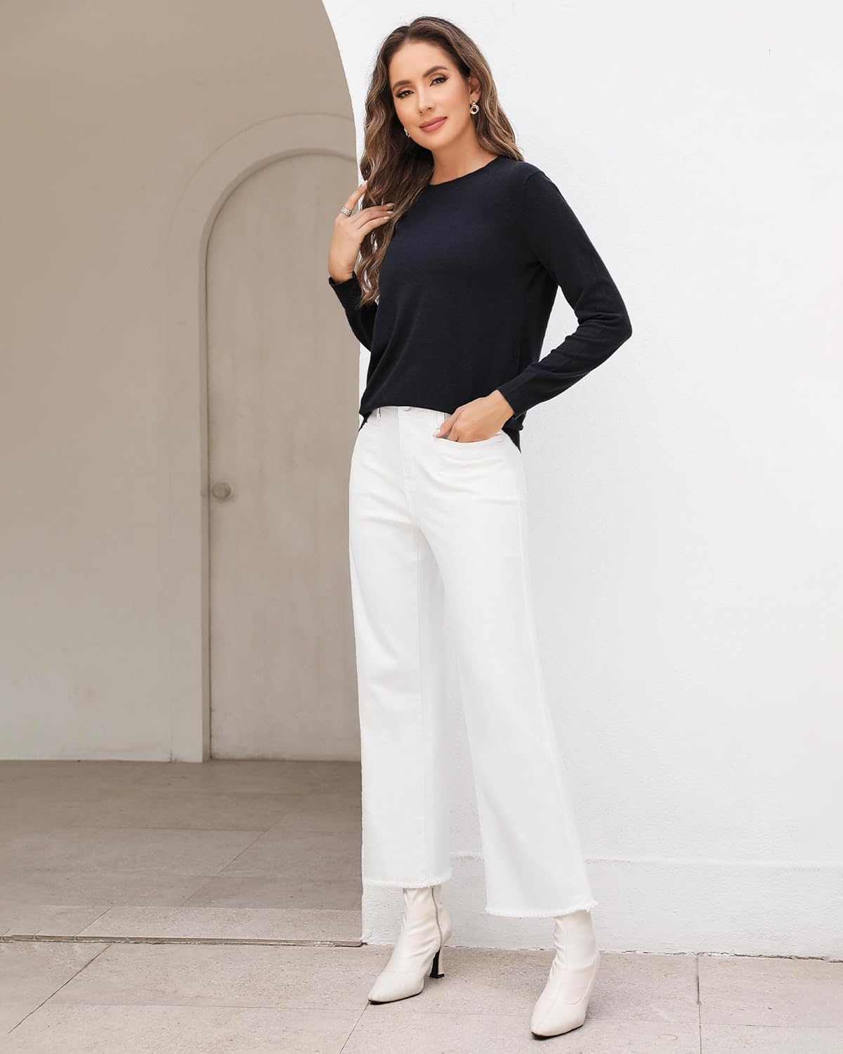 GRAPENT Wide Leg Jeans for Women High Waisted Trendy Jeans Denim Pants Stretchy Baggy with PocketsCream White