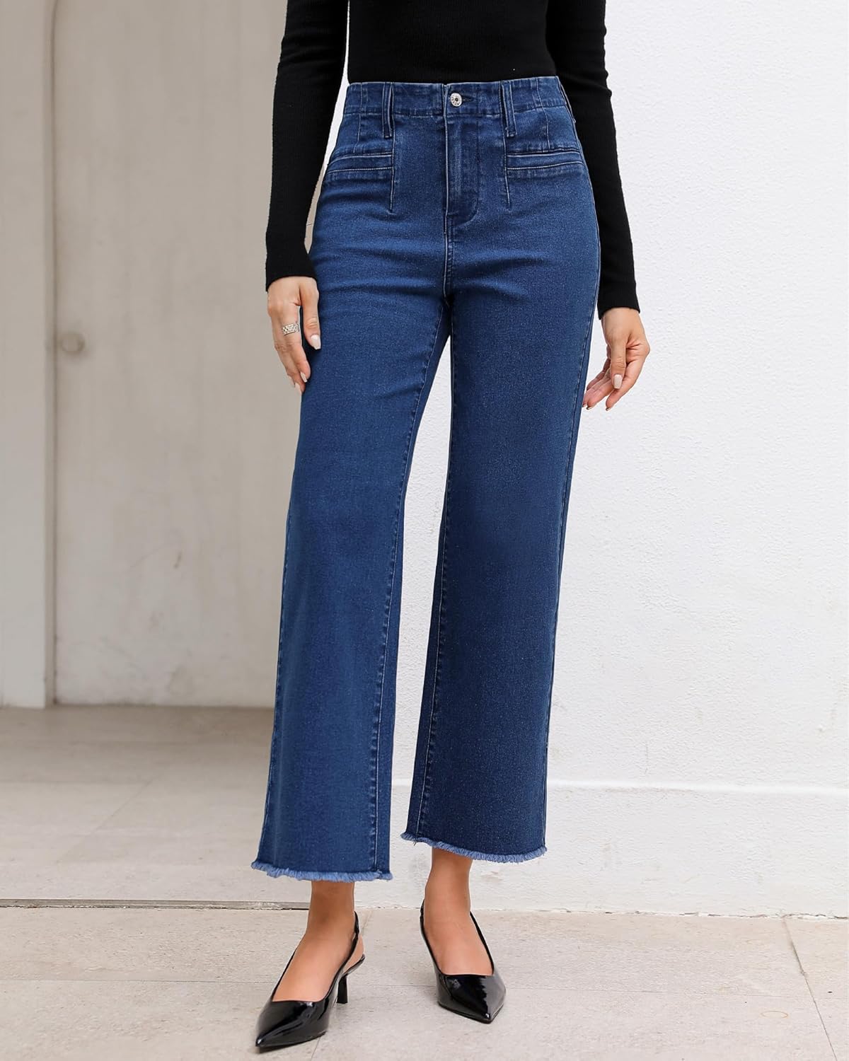 GRAPENT Wide Leg Jeans for Women High Waisted Trendy Jeans Denim Pants Stretchy Baggy with PocketsDark Blue