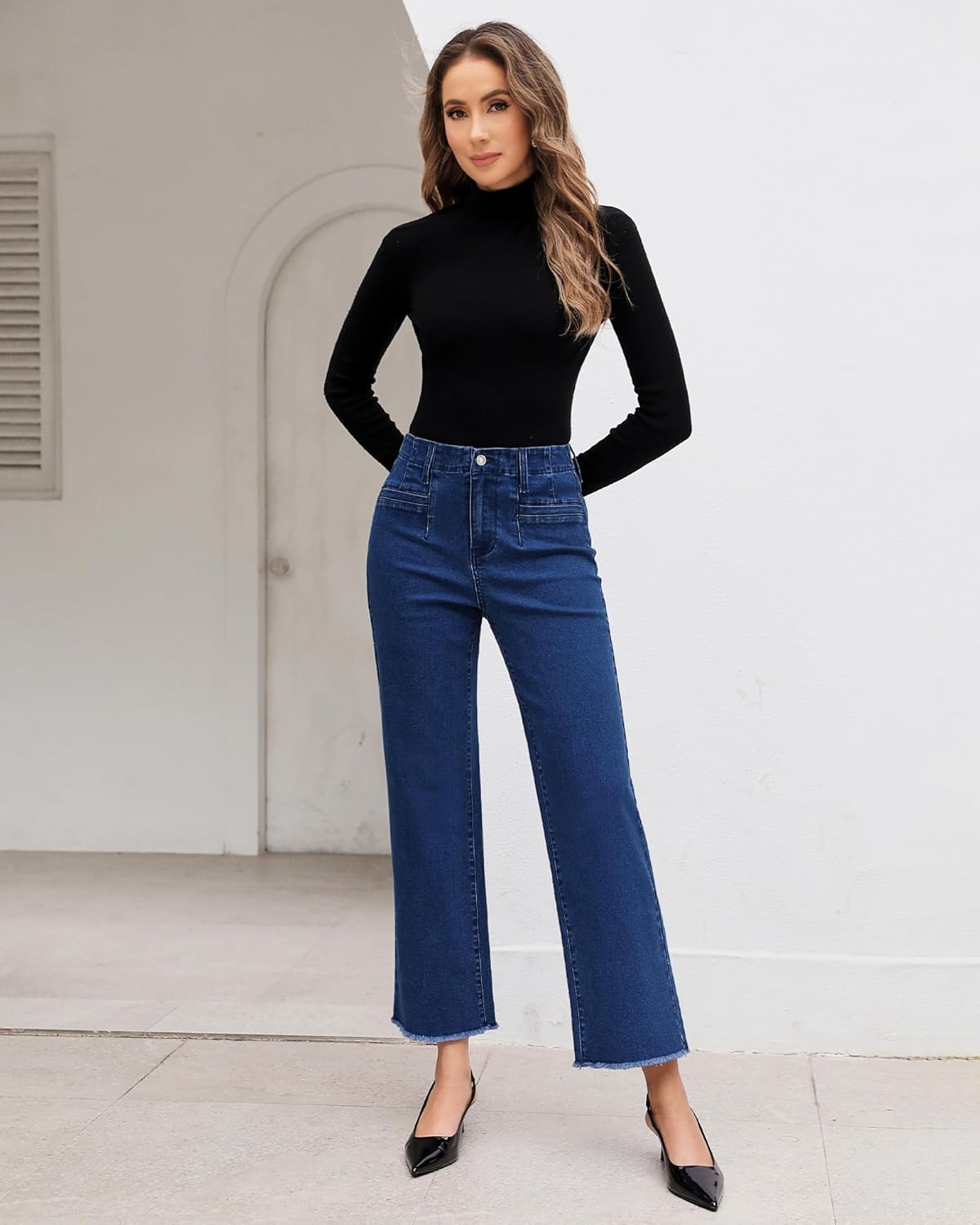 GRAPENT Wide Leg Jeans for Women High Waisted Trendy Jeans Denim Pants Stretchy Baggy with PocketsDark Blue