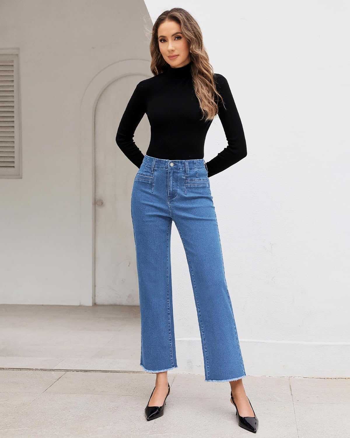 GRAPENT Wide Leg Jeans for Women High Waisted Trendy Jeans Denim Pants Stretchy Baggy with PocketsMedium Blue