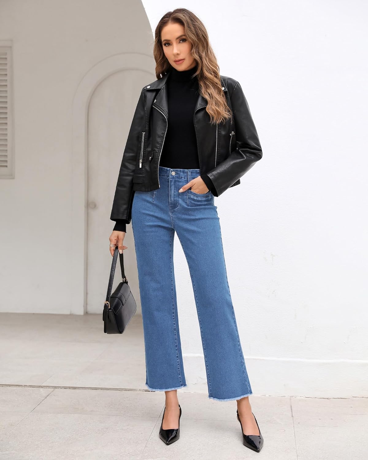 GRAPENT Wide Leg Jeans for Women High Waisted Trendy Jeans Denim Pants Stretchy Baggy with PocketsMedium Blue