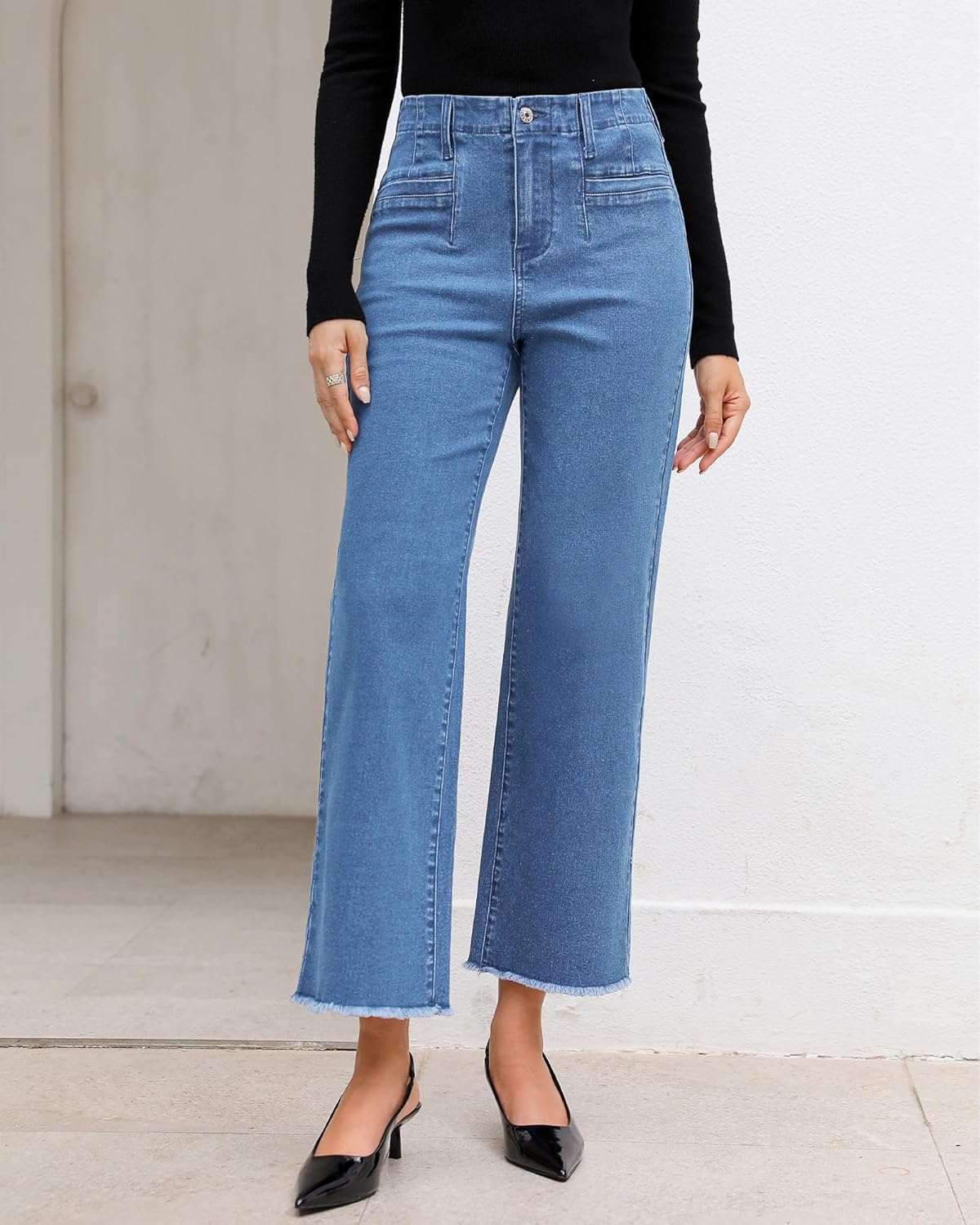 GRAPENT Wide Leg Jeans for Women High Waisted Trendy Jeans Denim Pants Stretchy Baggy with PocketsMedium Blue