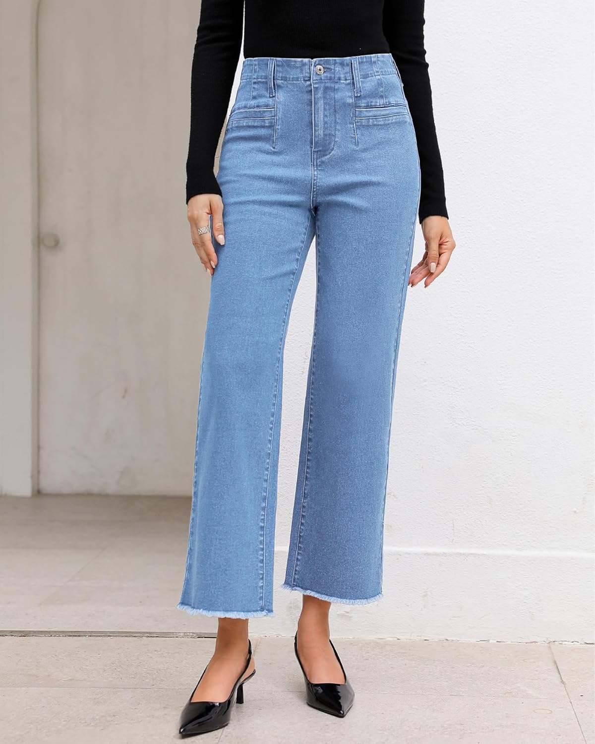 GRAPENT Wide Leg Jeans for Women High Waisted Trendy Jeans Denim Pants Stretchy Baggy with PocketsRoadknight Blue