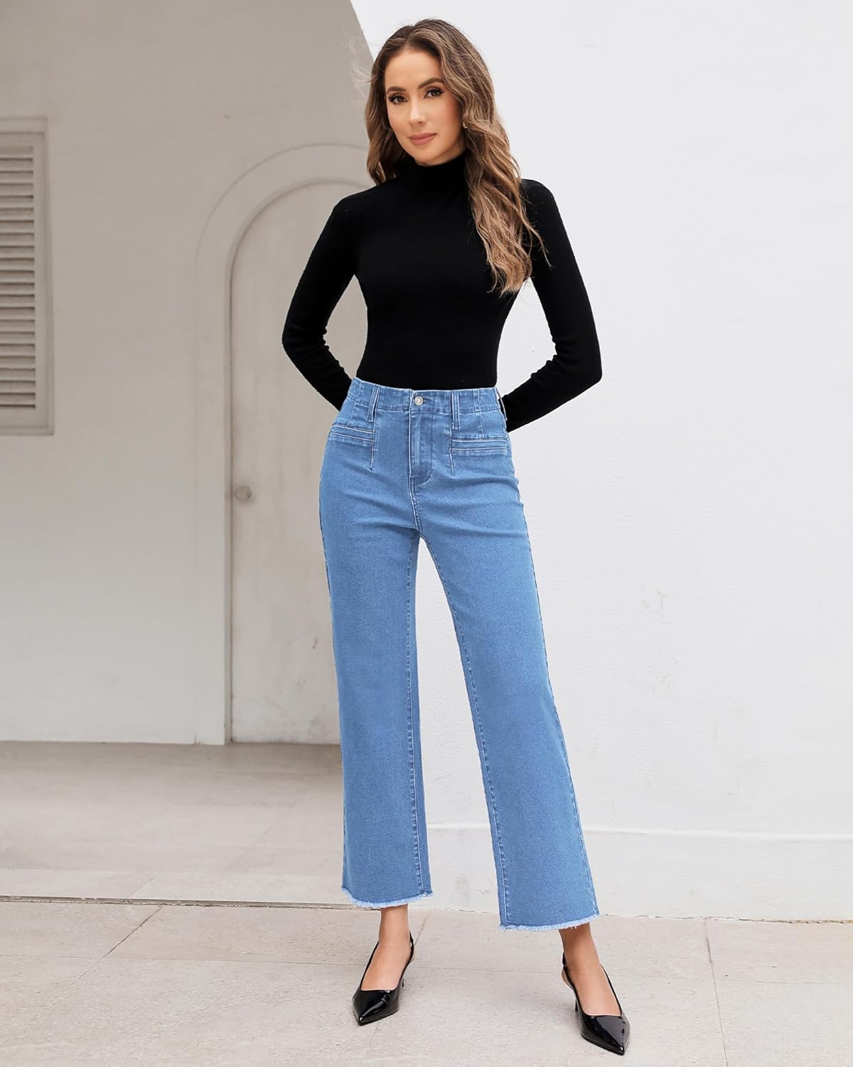GRAPENT Wide Leg Jeans for Women High Waisted Trendy Jeans Denim Pants Stretchy Baggy with PocketsRoadknight Blue