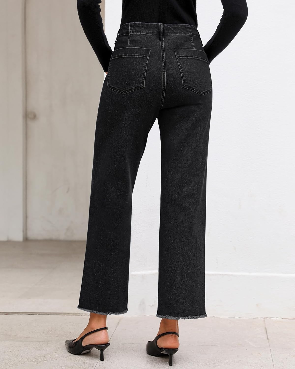 GRAPENT Wide Leg Jeans for Women High Waisted Trendy Jeans Denim Pants Stretchy Baggy with PocketsWashed Black