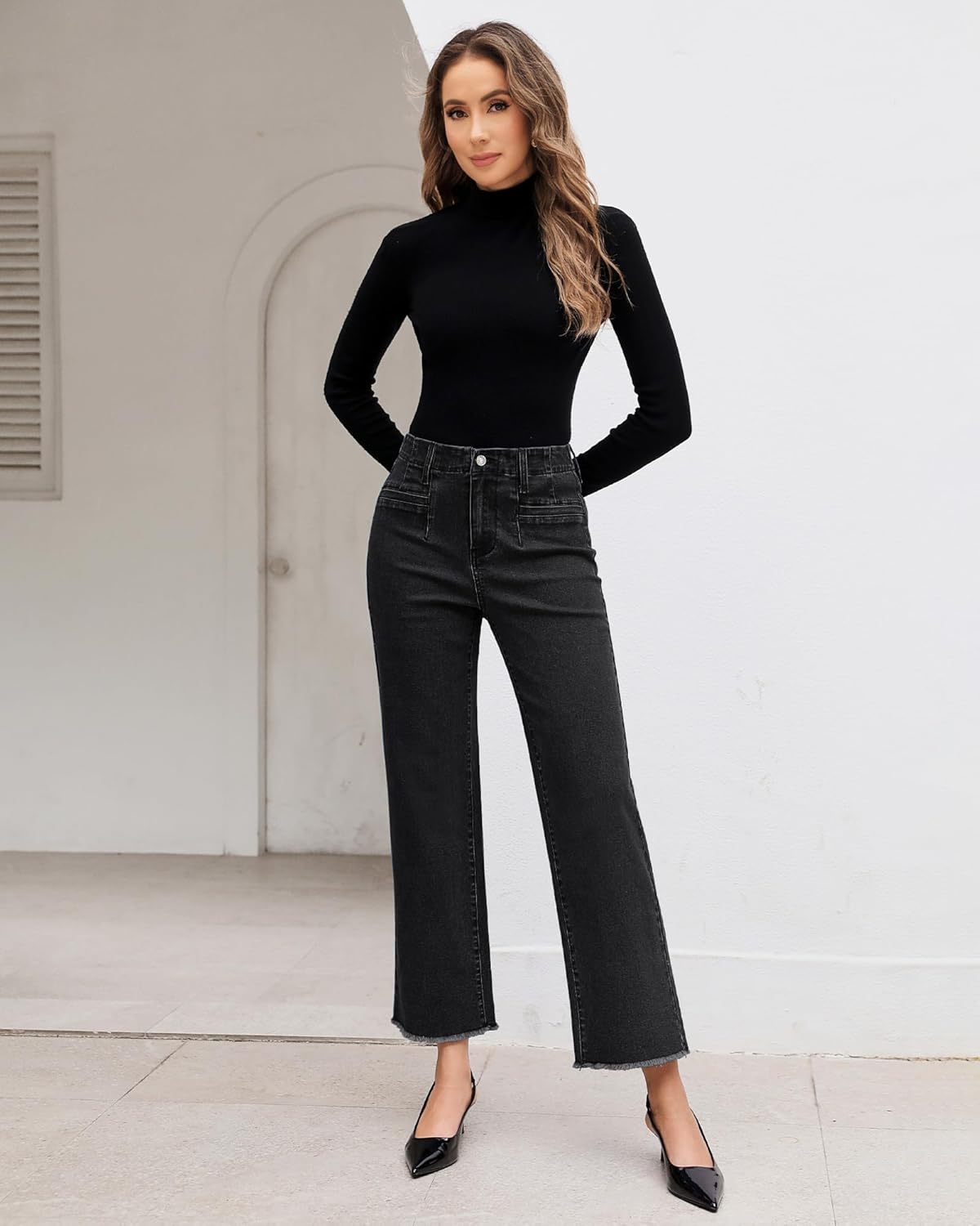 GRAPENT Wide Leg Jeans for Women High Waisted Trendy Jeans Denim Pants Stretchy Baggy with PocketsWashed Black
