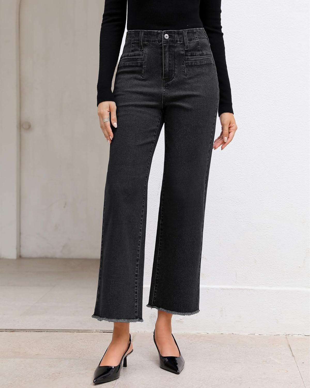 GRAPENT Wide Leg Jeans for Women High Waisted Trendy Jeans Denim Pants Stretchy Baggy with PocketsWashed Black
