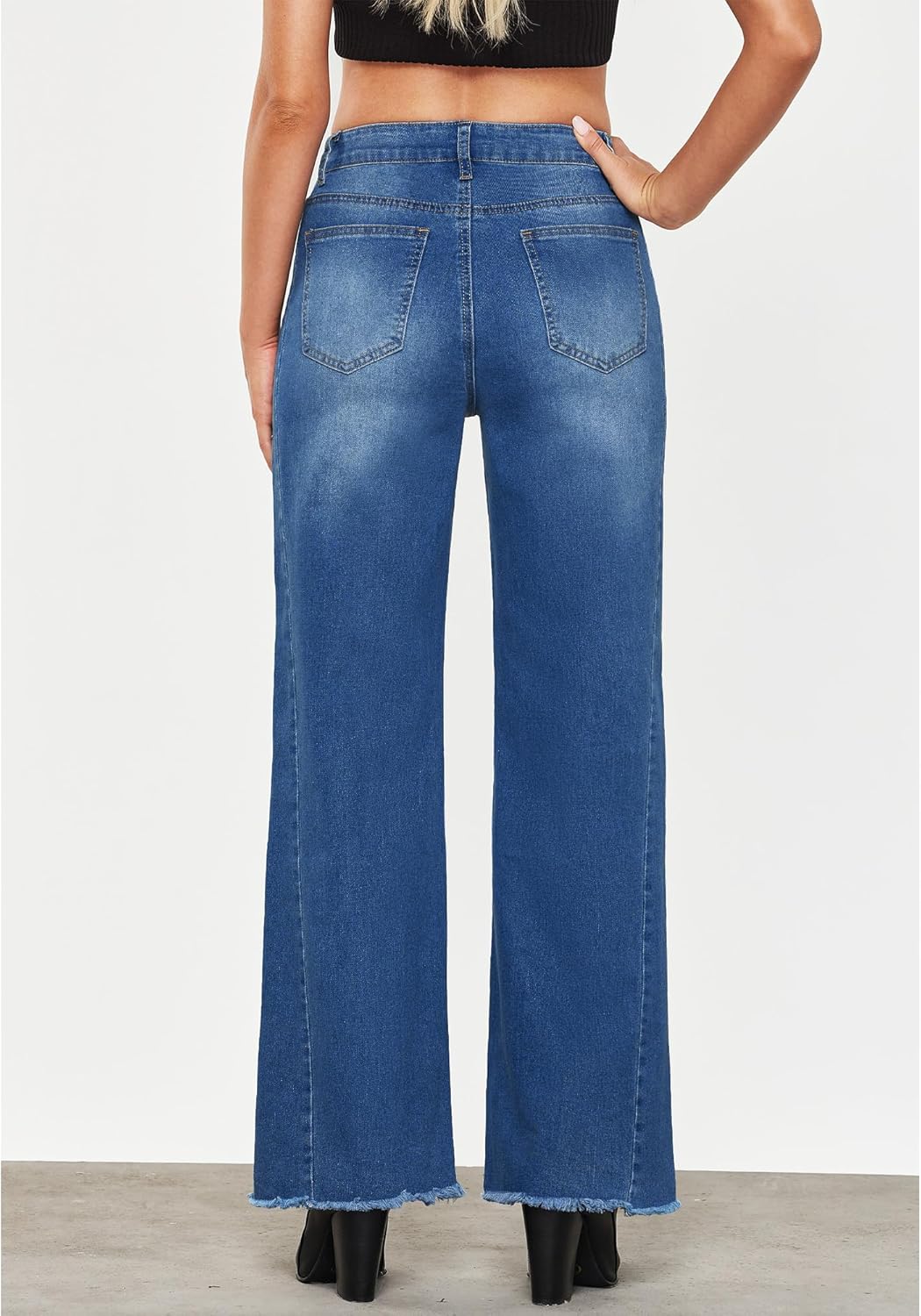 GRAPENT Wide Leg Jeans for Women High Waisted Trendy Strechy Denim Pants Side Seam Frayed Hem Baggy Work Trouser JeansClassic Blue