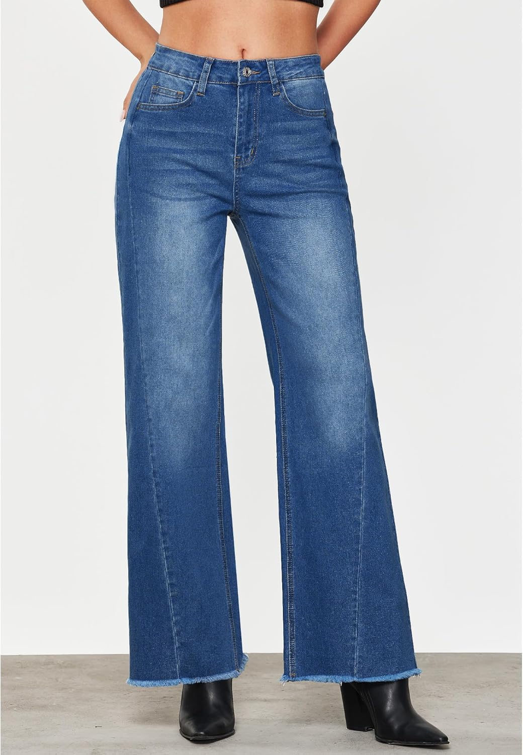 GRAPENT Wide Leg Jeans for Women High Waisted Trendy Strechy Denim Pants Side Seam Frayed Hem Baggy Work Trouser JeansClassic Blue