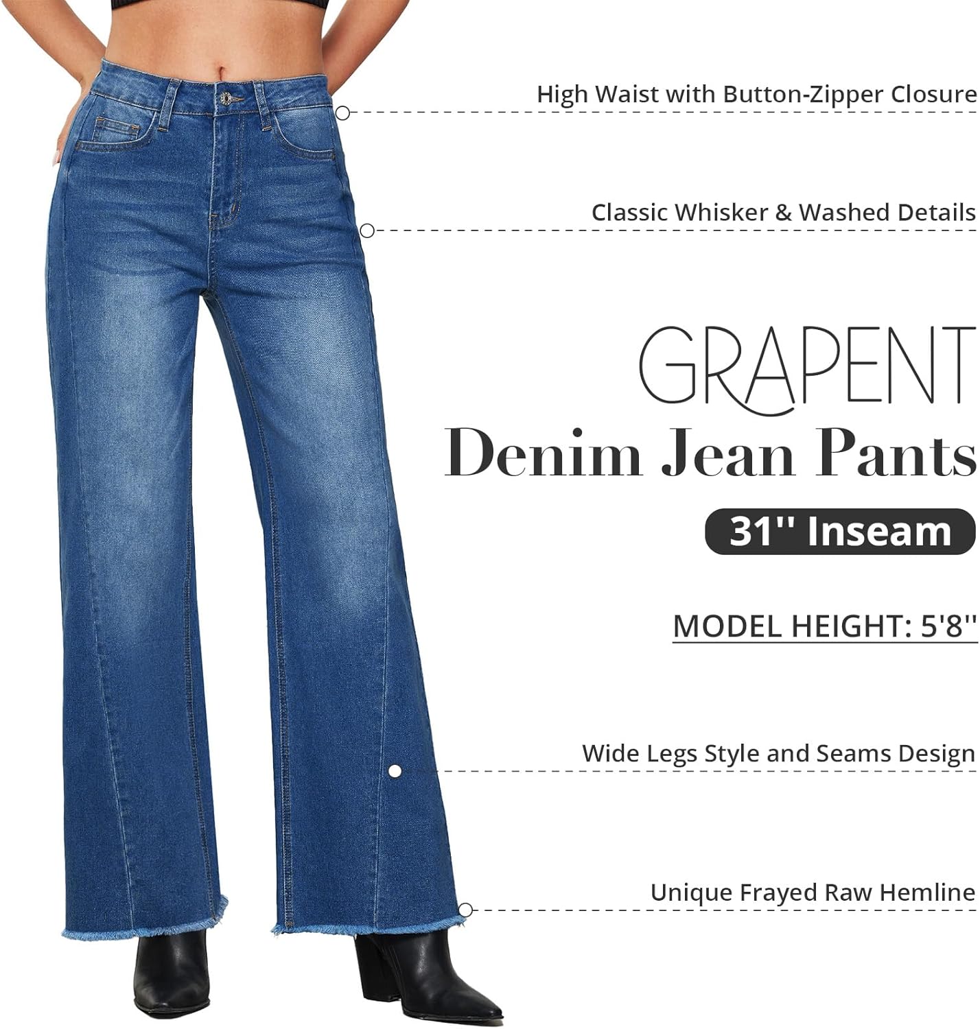 GRAPENT Wide Leg Jeans for Women High Waisted Trendy Strechy Denim Pants Side Seam Frayed Hem Baggy Work Trouser JeansClassic Blue