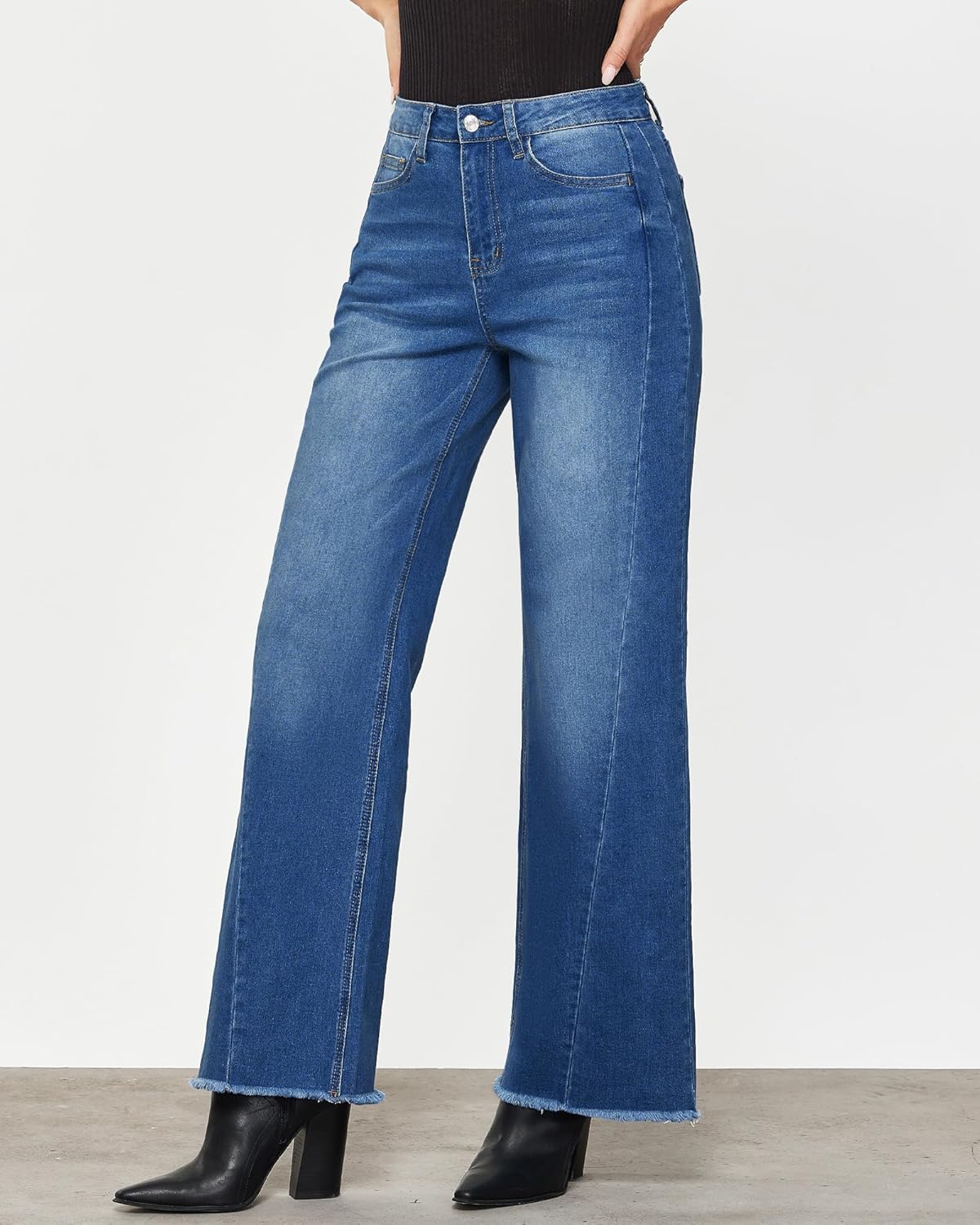 GRAPENT Wide Leg Jeans for Women High Waisted Trendy Strechy Denim Pants Side Seam Frayed Hem Baggy Work Trouser JeansClassic Blue