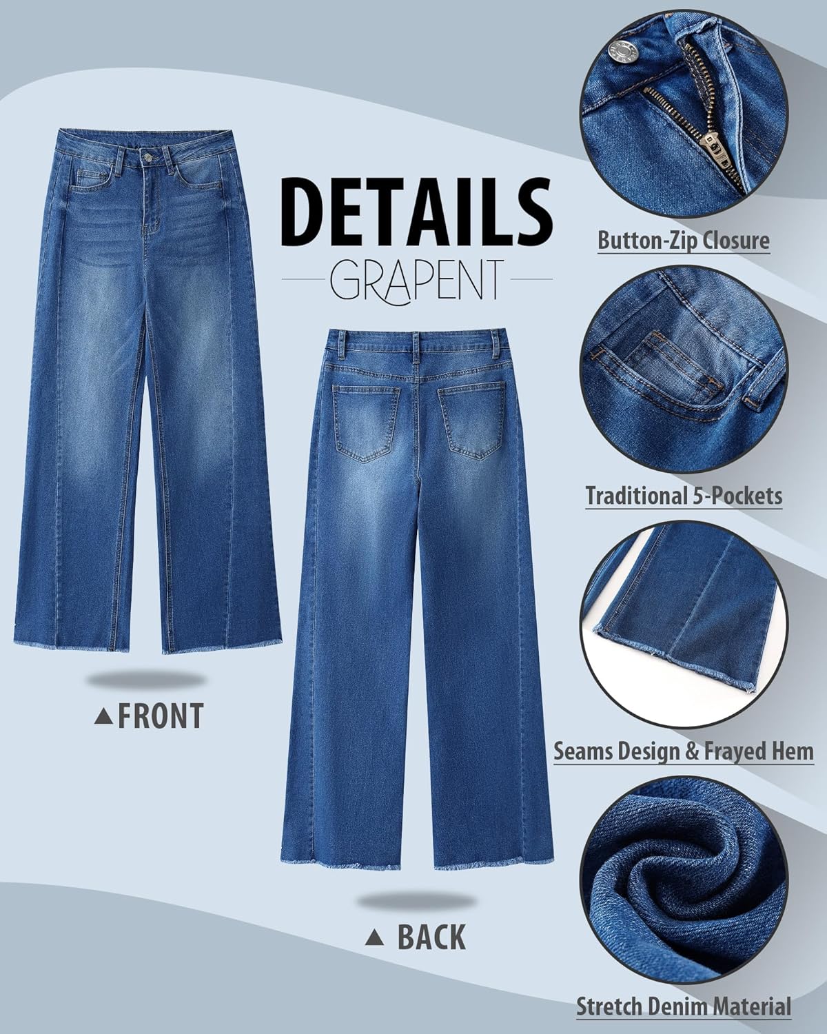GRAPENT Wide Leg Jeans for Women High Waisted Trendy Strechy Denim Pants Side Seam Frayed Hem Baggy Work Trouser JeansClassic Blue