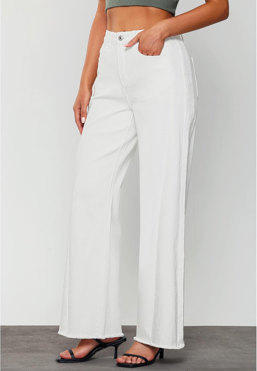 GRAPENT Wide Leg Jeans for Women High Waisted Trendy Strechy Denim Pants Side Seam Frayed Hem Baggy Work Trouser JeansCream White