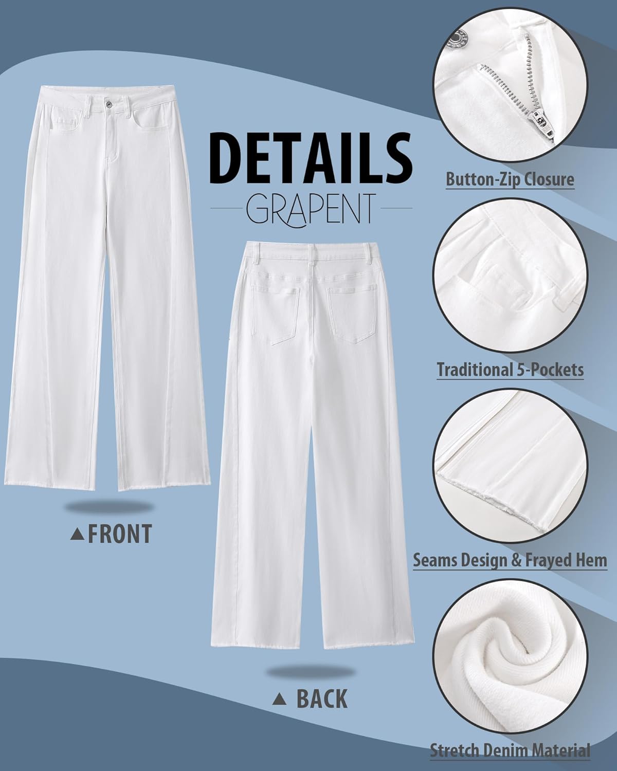 GRAPENT Wide Leg Jeans for Women High Waisted Trendy Strechy Denim Pants Side Seam Frayed Hem Baggy Work Trouser JeansCream White