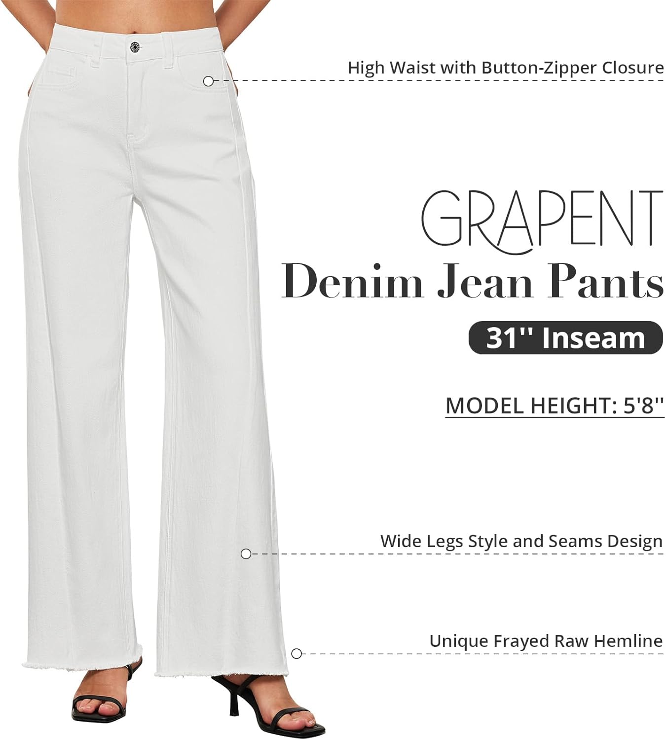 GRAPENT Wide Leg Jeans for Women High Waisted Trendy Strechy Denim Pants Side Seam Frayed Hem Baggy Work Trouser JeansCream White